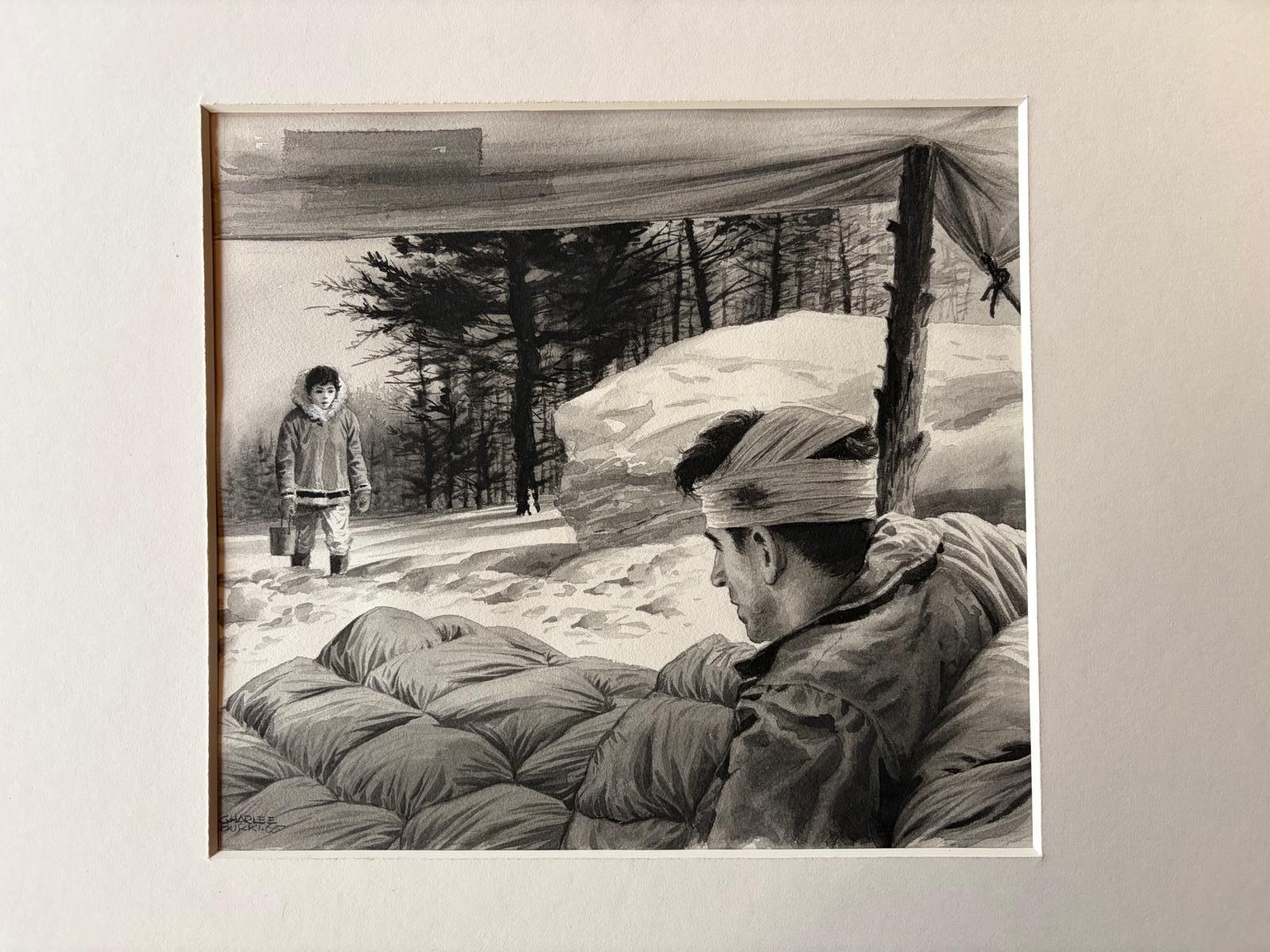 Milieu du XXe siècle Soldat blessé et visiteur d'A Winter - Illustration originale de Charles Burki 1955 en vente