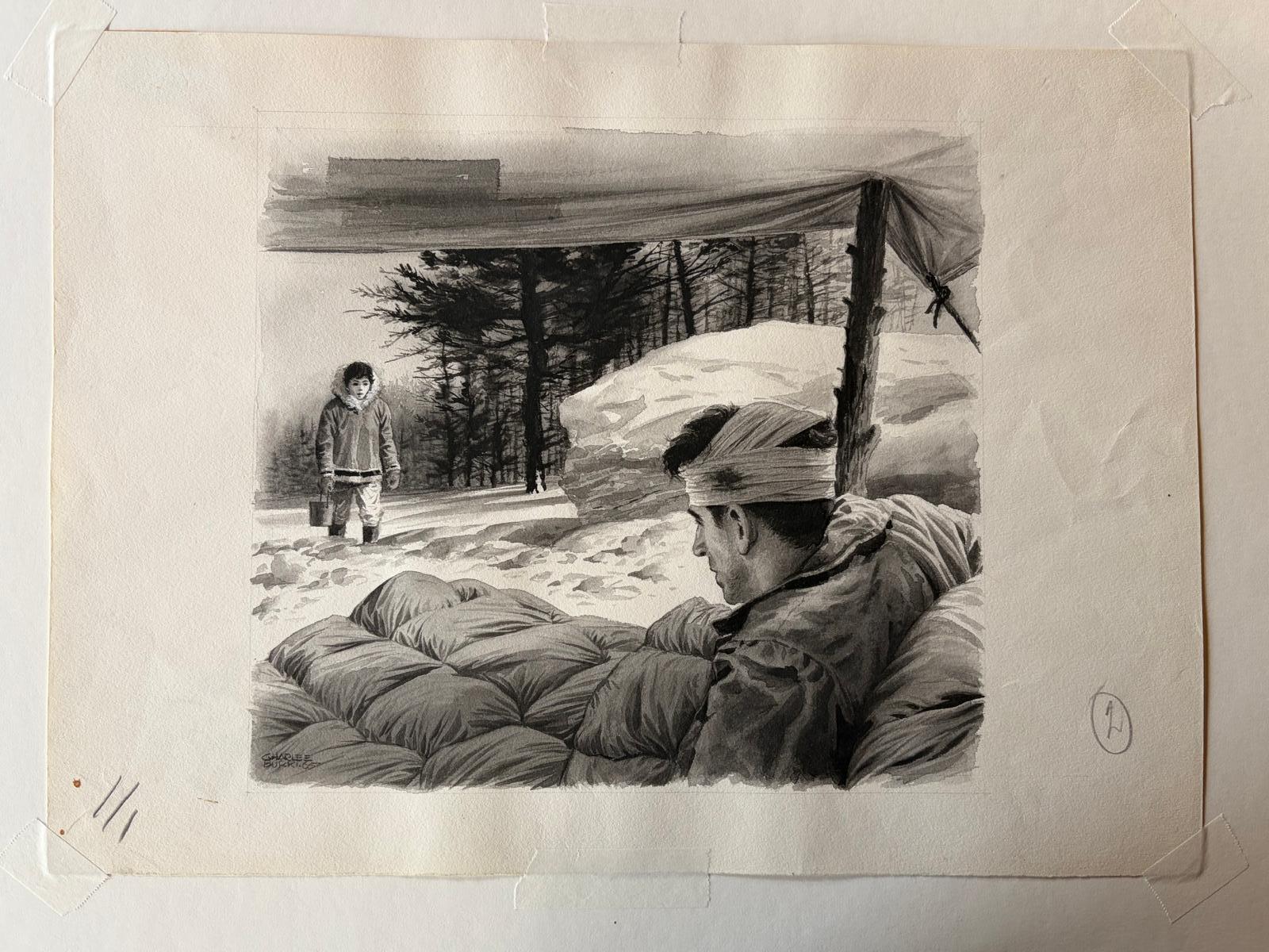 Papier Soldat blessé et visiteur d'A Winter - Illustration originale de Charles Burki 1955 en vente