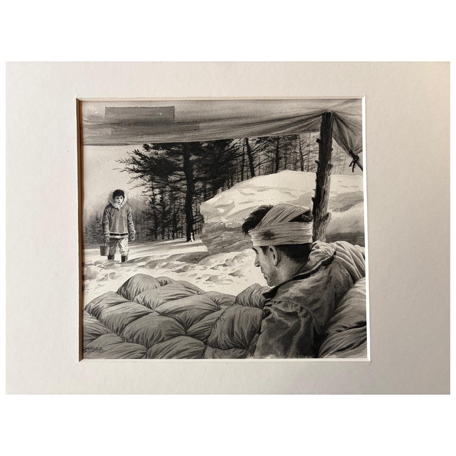 Verwundeter Soldat und Winterbesucher - Originalillustration von Charles Burki 1955