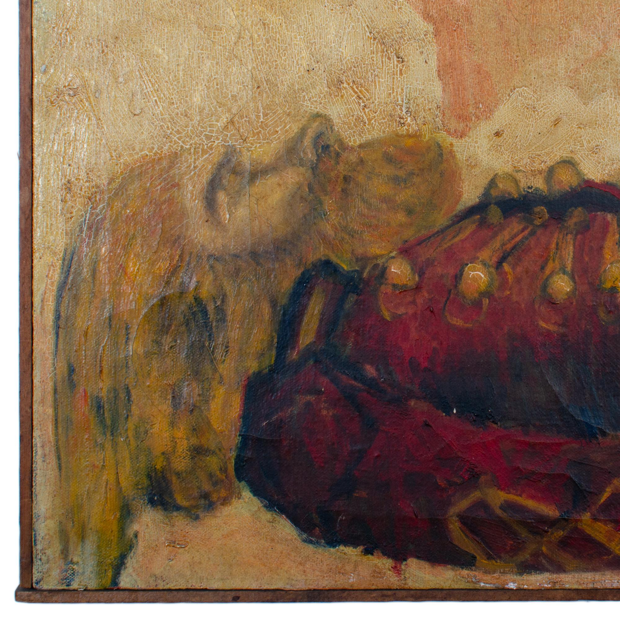 An antique painting of a wounded soldier.

This unsigned piece shows a varnish layer with discoloration and craquelure that lends itself to the curious atmosphere of the image.  

24 ½ inches wide by 1 inch deep by 18 ¾ inches tall