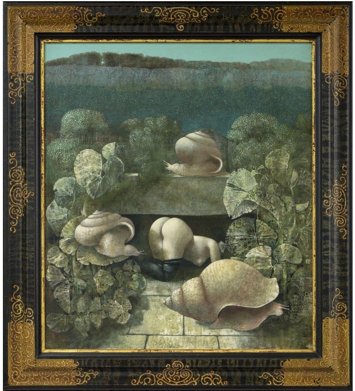 Escondite Óleo sobre Panel Pintura Contemporánea Paisaje de Jardín Mujer Desnuda En Stock