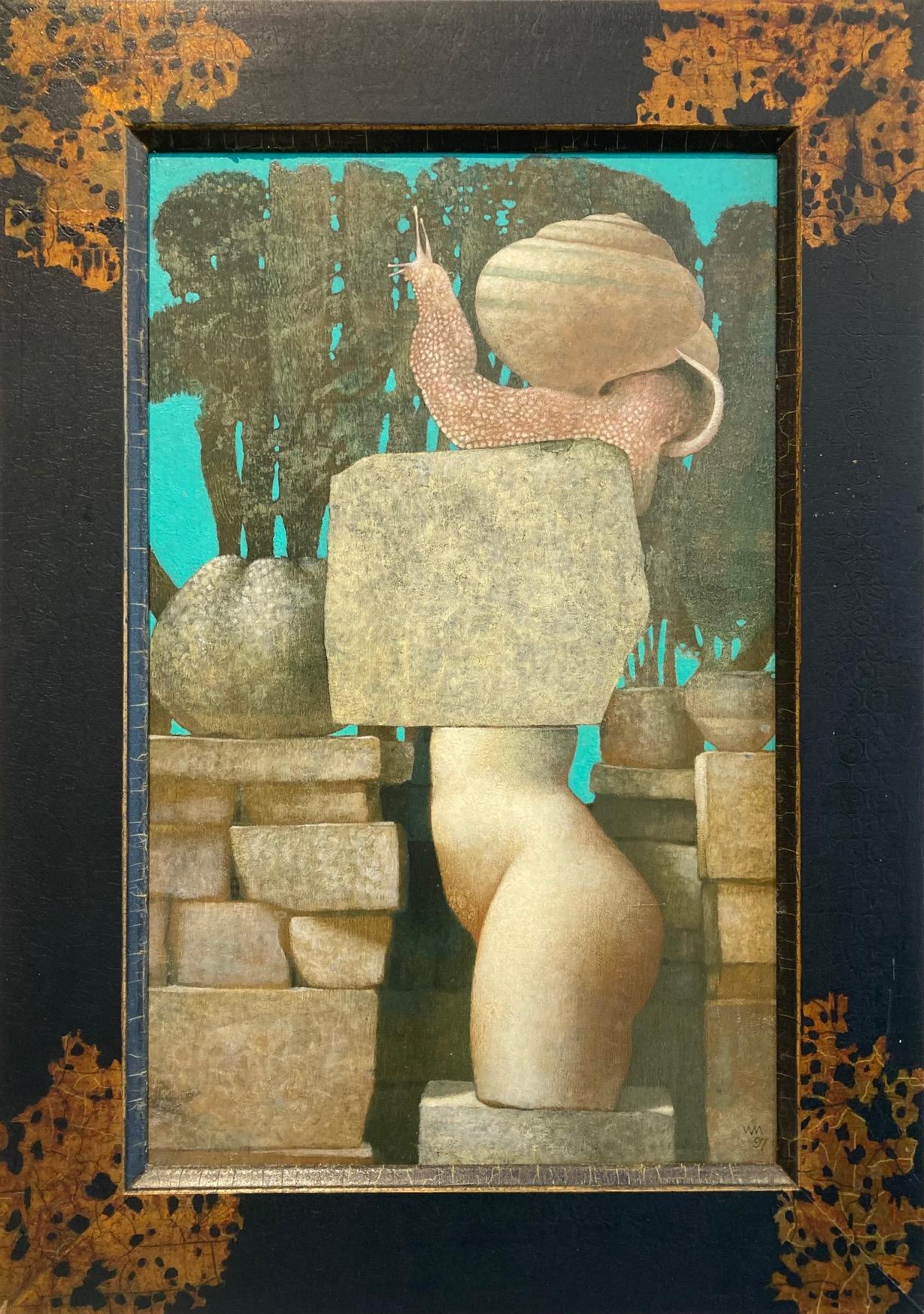 Wout Muller Figurative Painting - Kariatide Neo Realistic Body Sculpture in Garden Snail Contemporary New In Stock