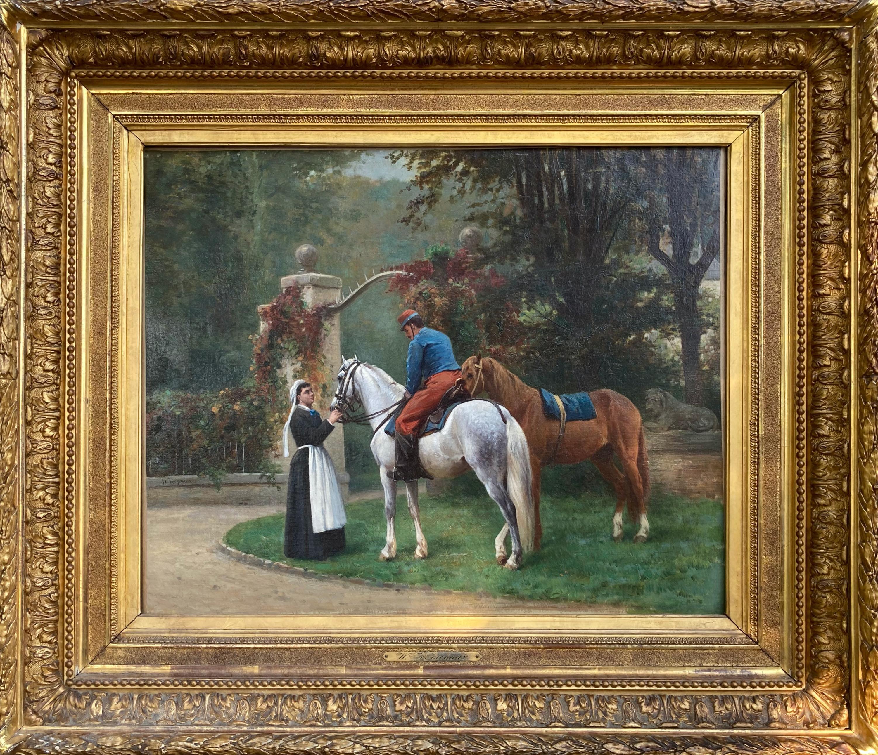 Wouterus Verschuur II Figurative Painting - "The Farewell" - Late 19th-Century Antique Landscape Painting, Framed