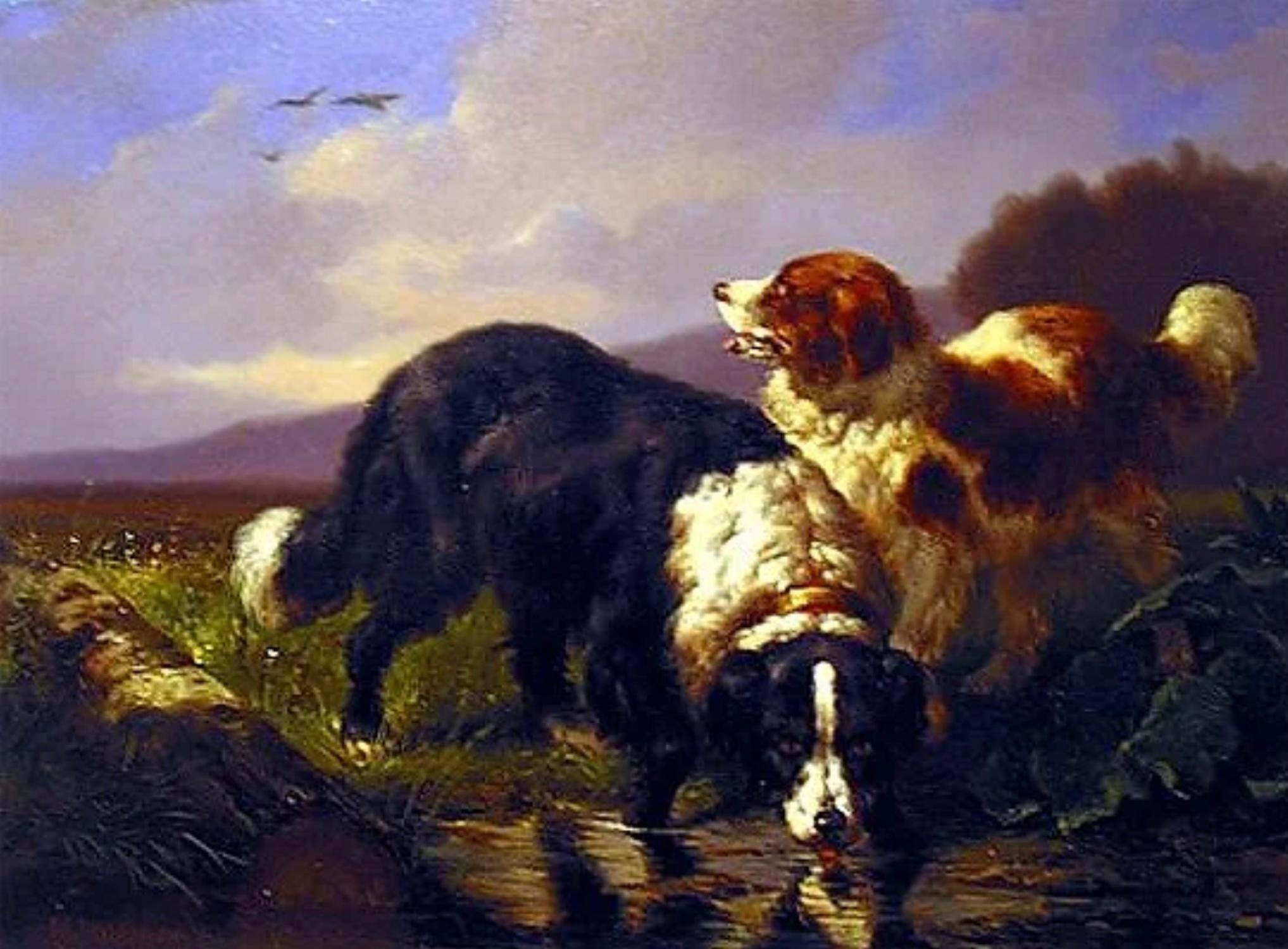 Wouterus Verschuur l Landscape Painting - Setters at the Pond