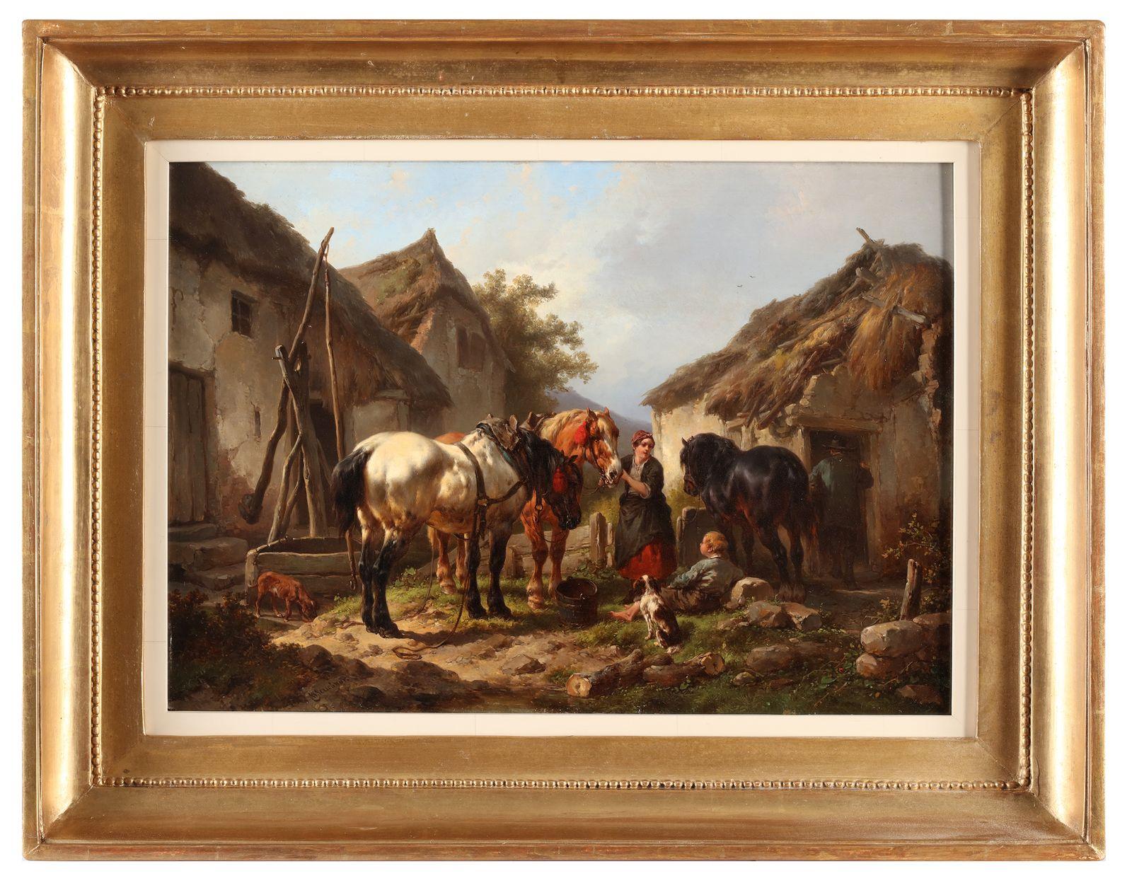 Tending the horses - Romantic Painting by Wouterus Verschuur l