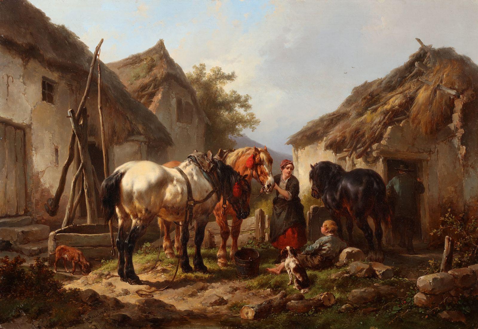 Tending the horses - Painting by Wouterus Verschuur l