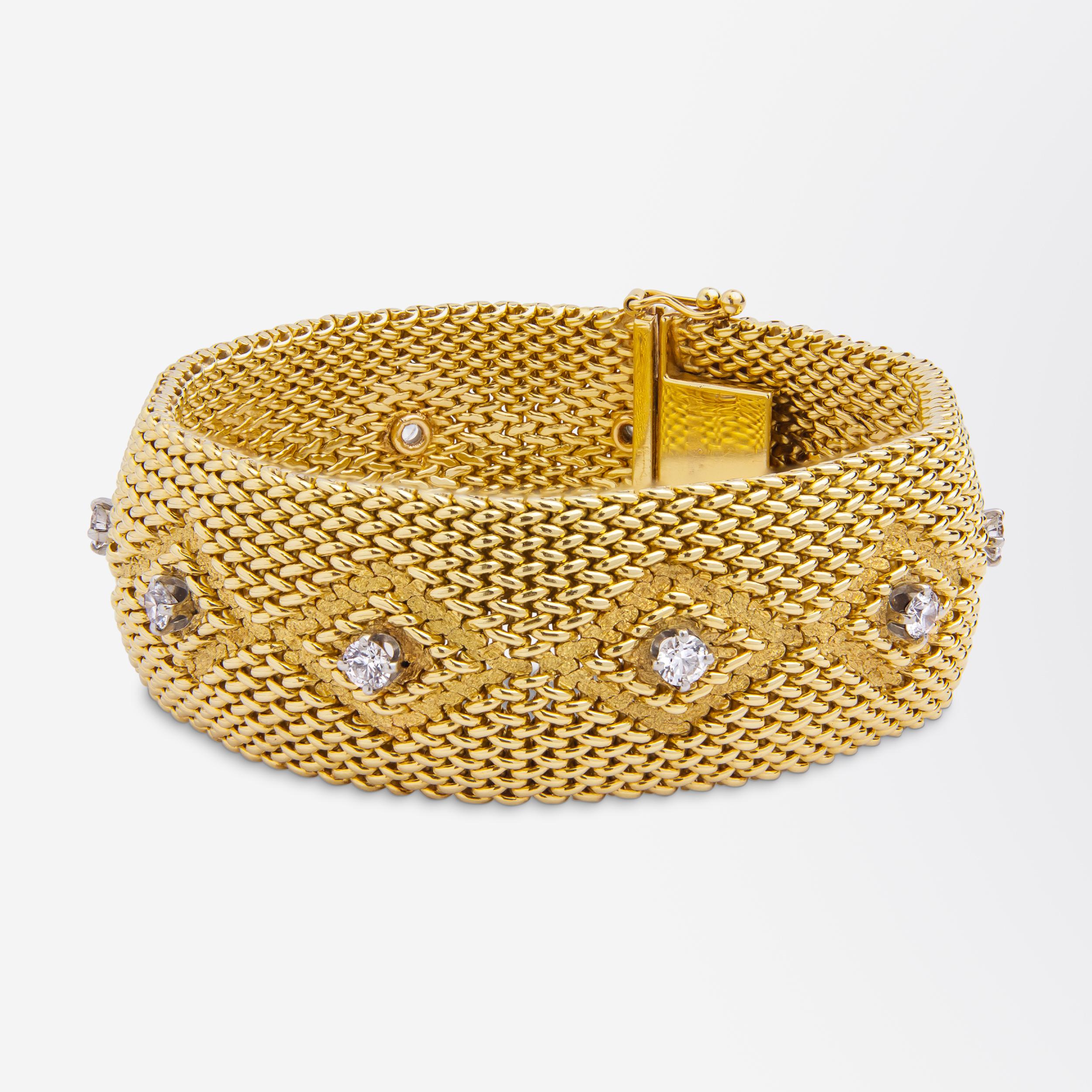 Retro Woven 14 Karat Gold Bracelet With Diamonds For Sale