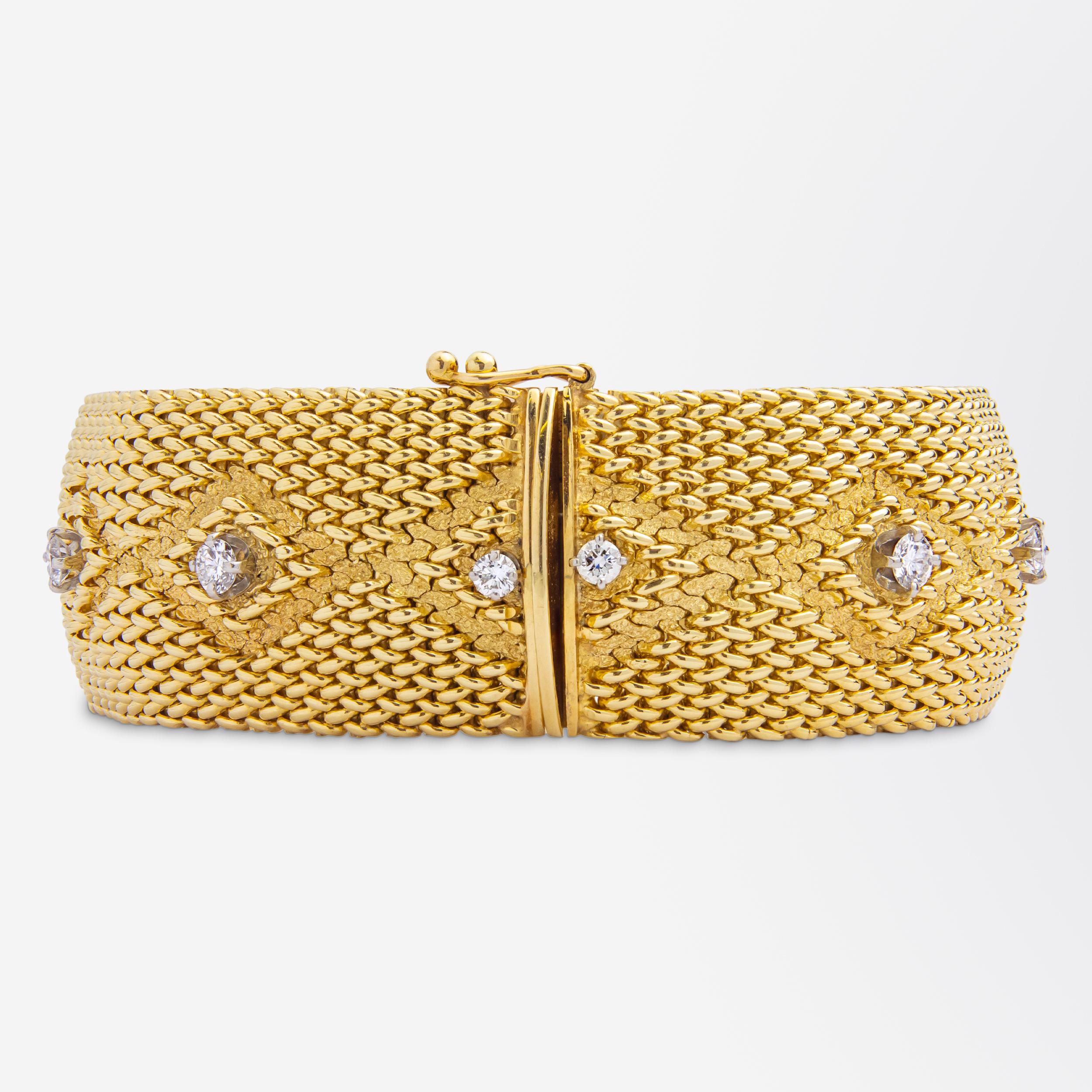 Brilliant Cut Woven 14 Karat Gold Bracelet With Diamonds For Sale
