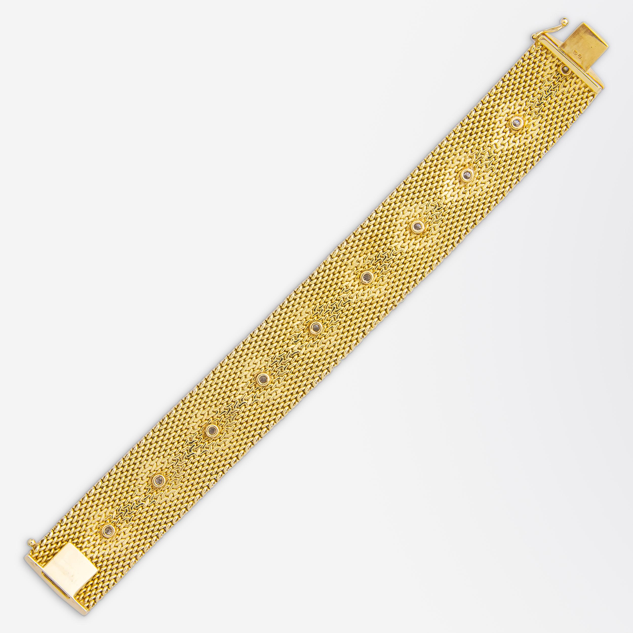 Women's or Men's Woven 14 Karat Gold Bracelet With Diamonds For Sale