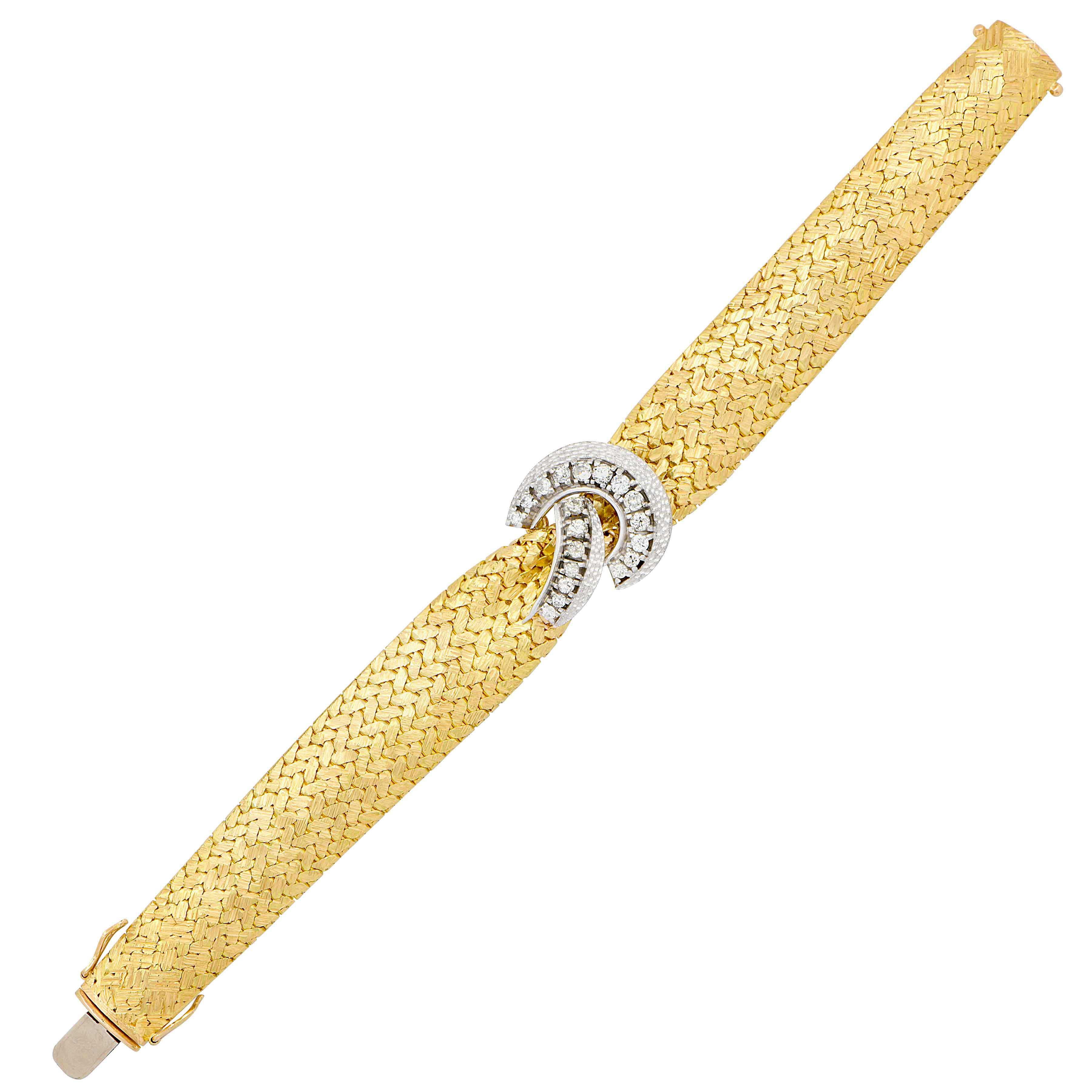 Retro Woven 18 Karat Yellow Gold Bracelet with Diamonds