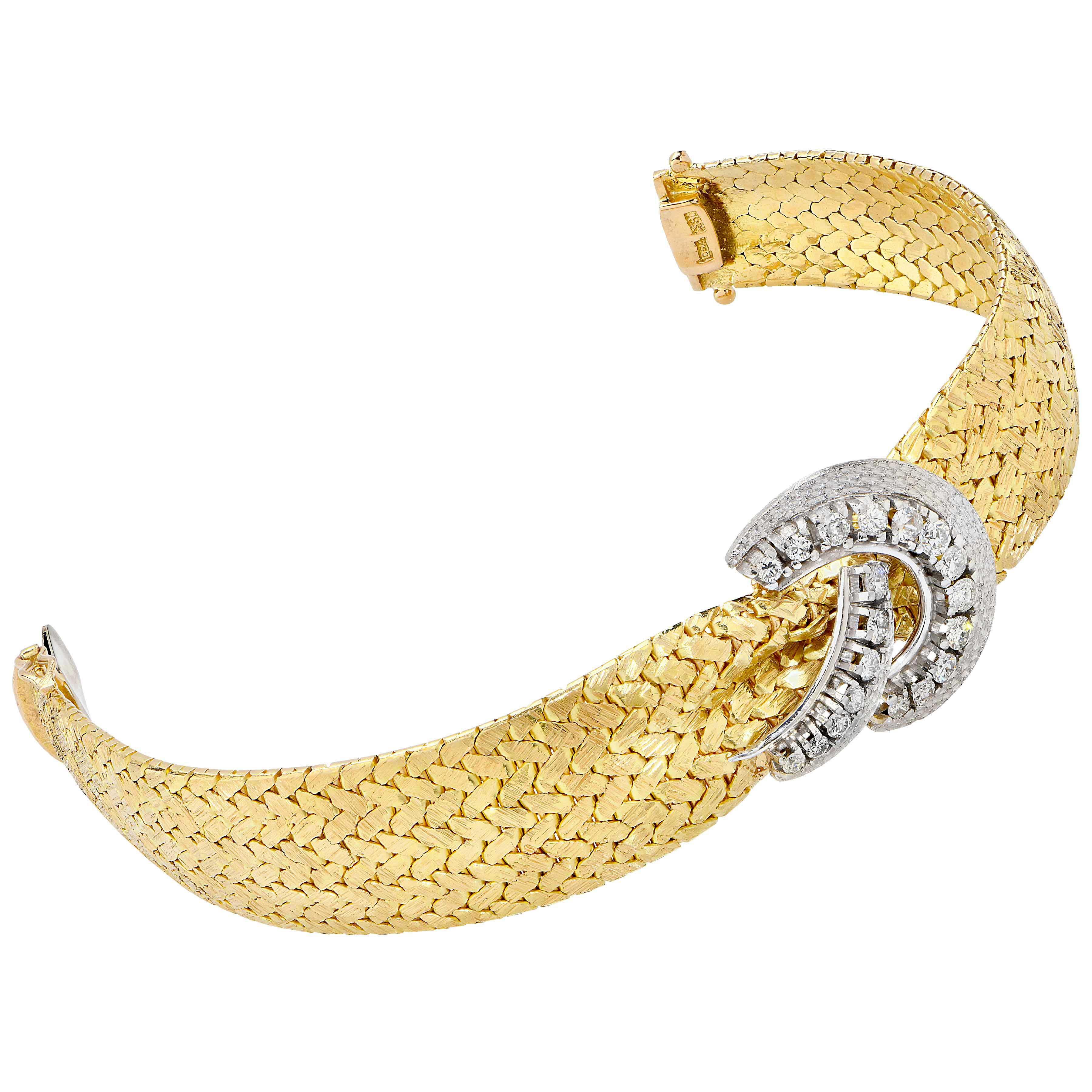 Round Cut Woven 18 Karat Yellow Gold Bracelet with Diamonds