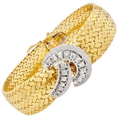 Woven 18 Karat Yellow Gold Bracelet with Diamonds