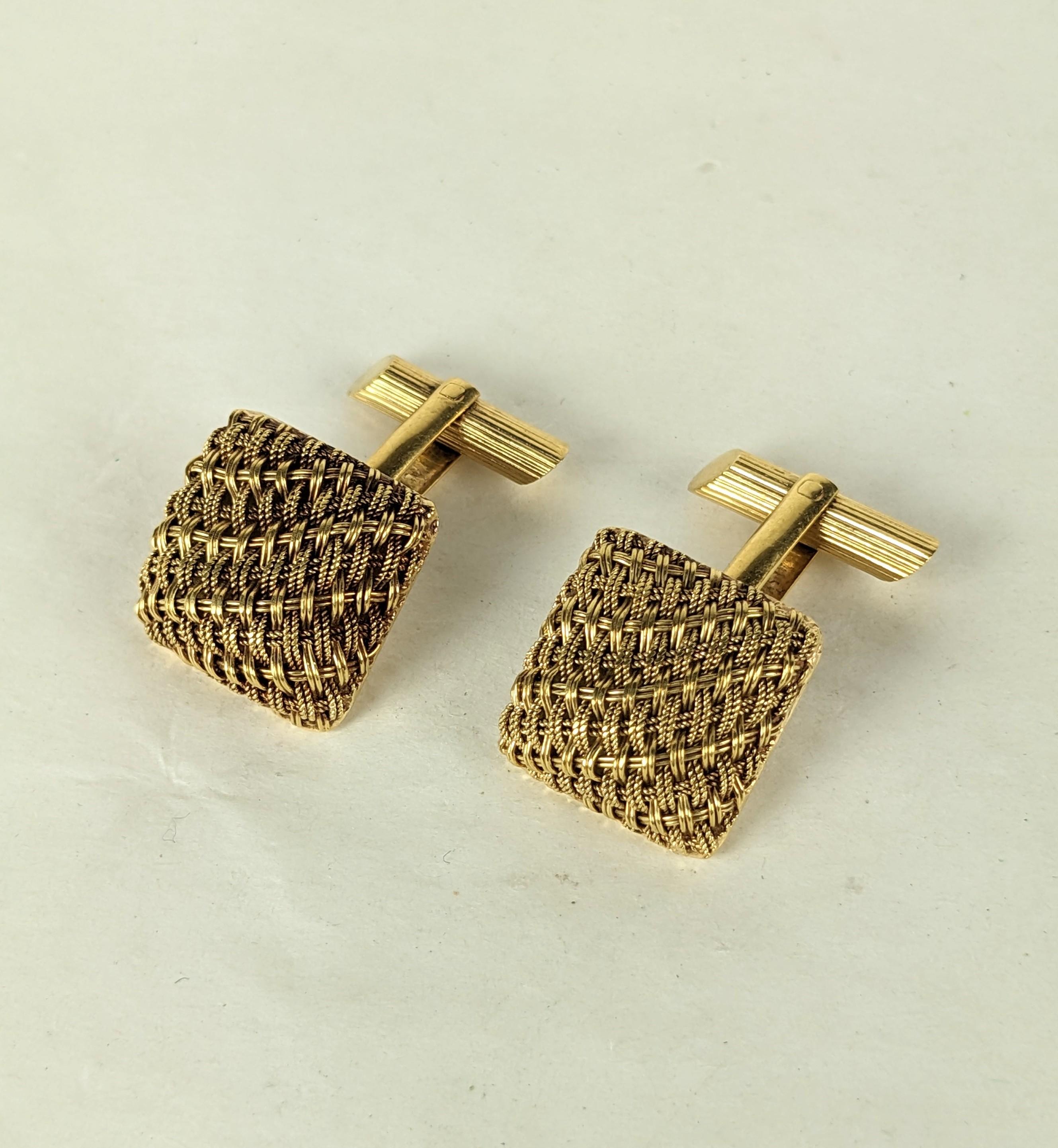 Woven 18K Textured Cufflinks from the 1970's. 18K gold wire is woven into a 
