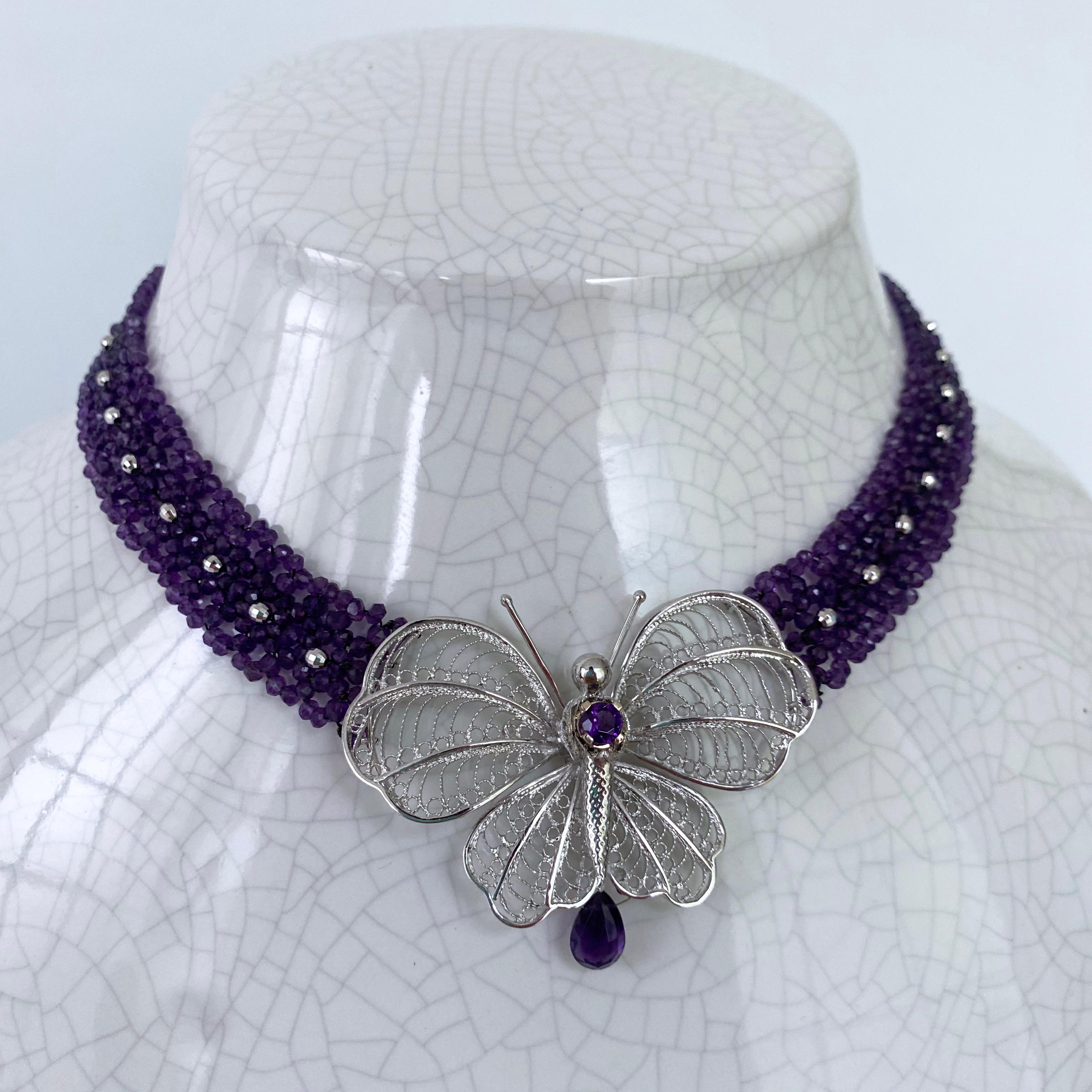 Artisan Woven Amethyst Necklace with Silver Butterfly Centerpiece For Sale