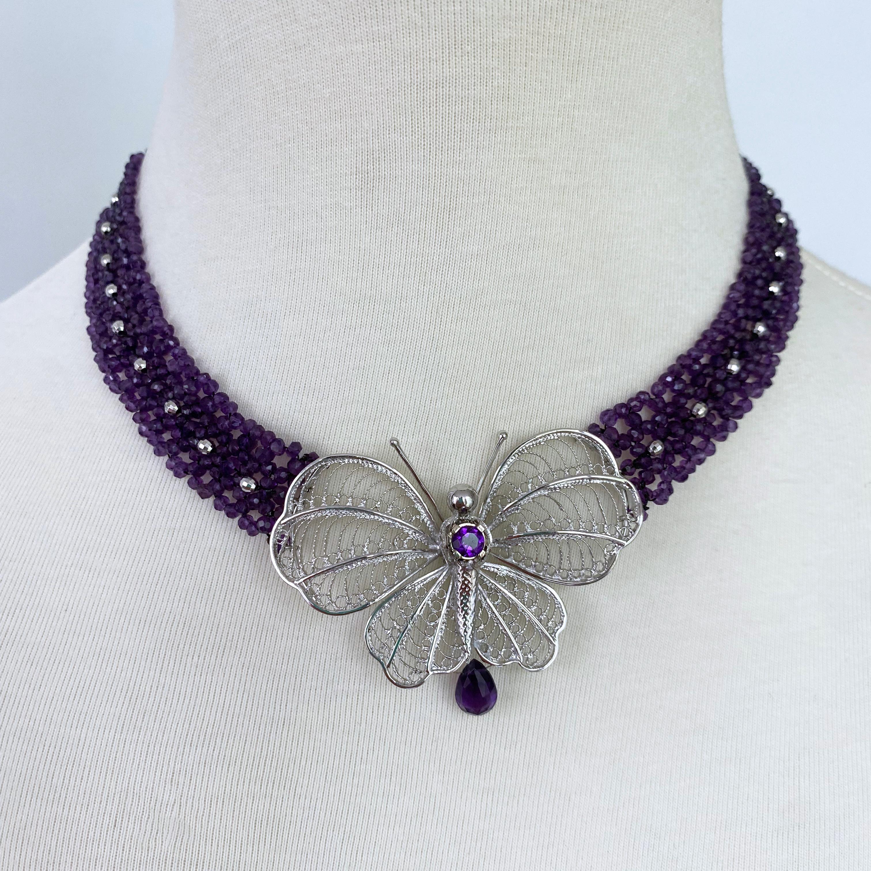 Amethyst  woven necklace with vintage silver butterfly, beads & clasp. 
1.5 mm amethyst beads interwoven with silver faceted beads. All Sterling Silver items  are white gold plated to prevent oxidation.
Intricately woven Amethyst beads arranged in a