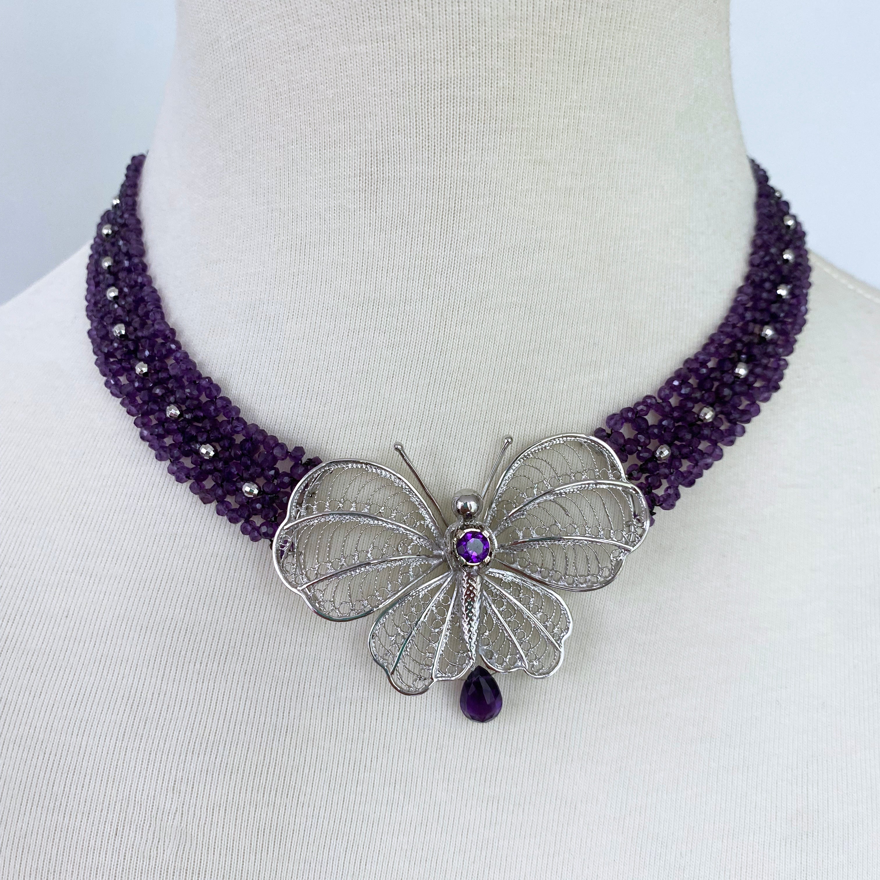 Woven Amethyst Necklace with Silver Butterfly Centerpiece For Sale