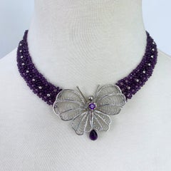 Woven Amethyst Necklace with Silver Butterfly Centerpiece