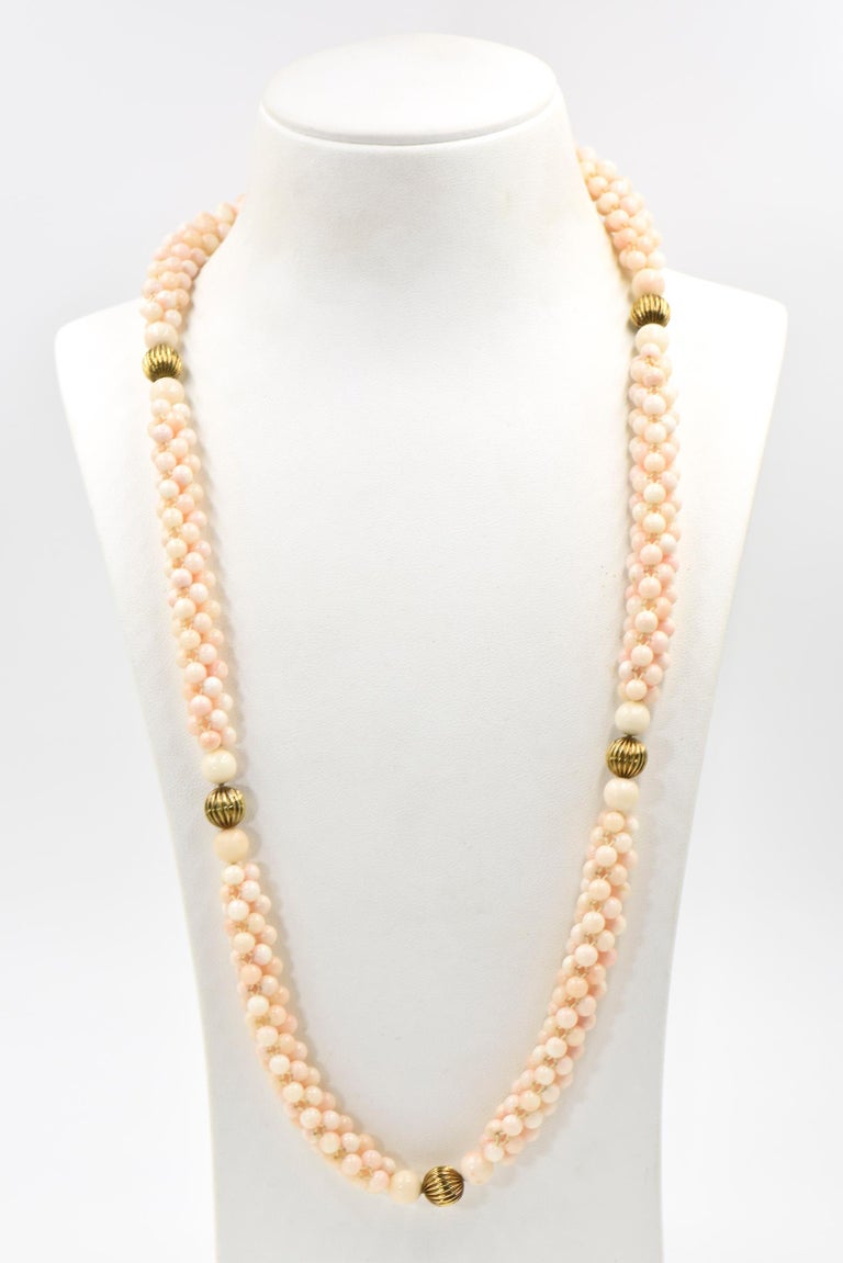 Woven Angel Skin Coral Gold Necklace and Bracelet For Sale at 1stDibs