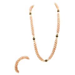 Woven Angel Skin Coral Gold Necklace and Bracelet