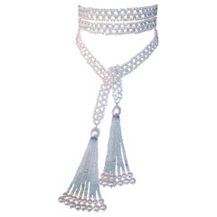 Woven Aquamarine and Pearl Sautoir Necklace with Tassels and 14 Karat White Gold