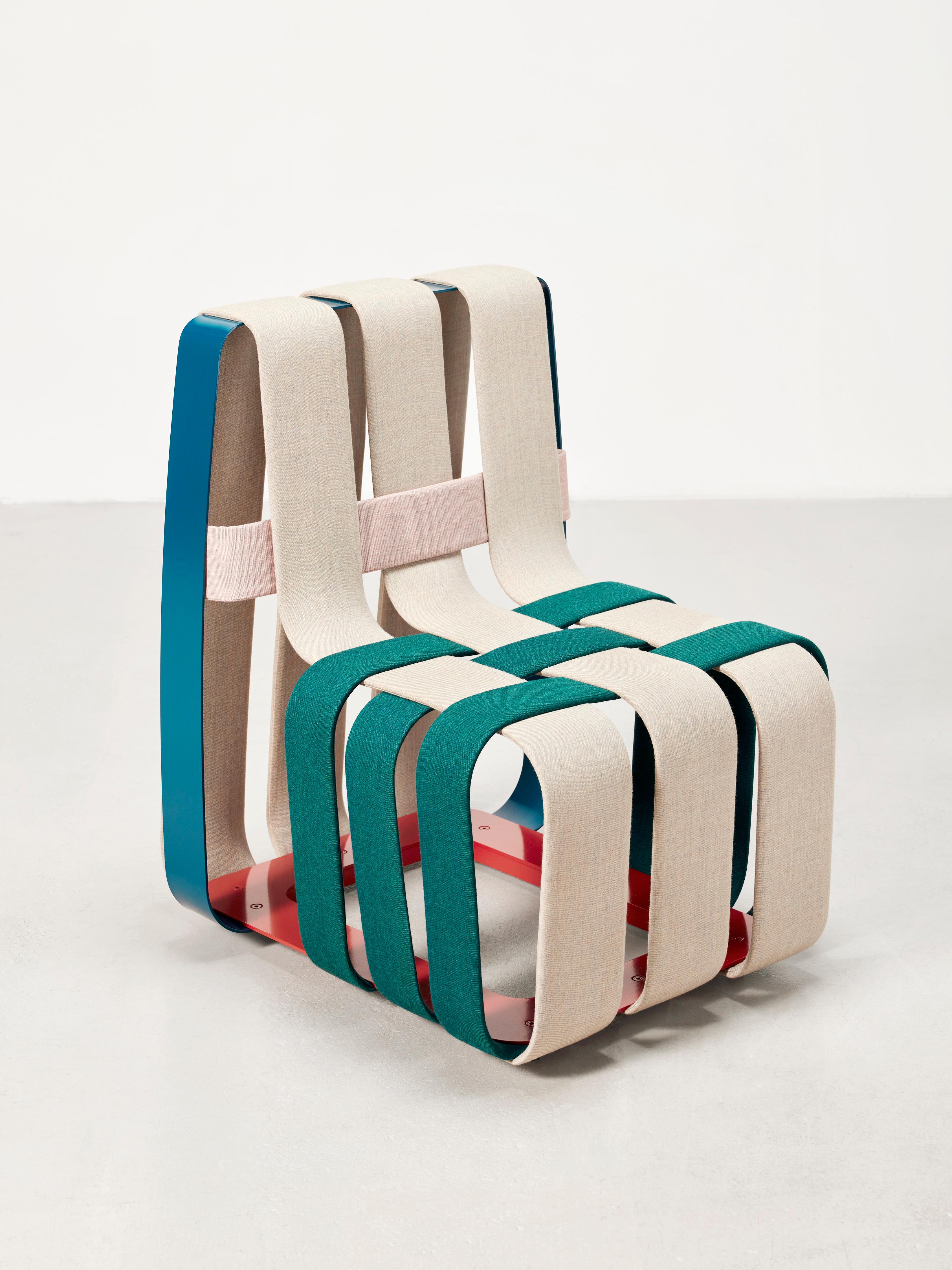 Woven Armchair by Max Lipsey
Dimensions: D 86 x W 72 x H 90 cm.
Materials: Steel, Kvadrat canvas, and fabric.

Custom with Kvadrat Canvas and RAL colors. Custom lengths in 20cm increments. Please contact us.

The Woven Chair is an extension of the