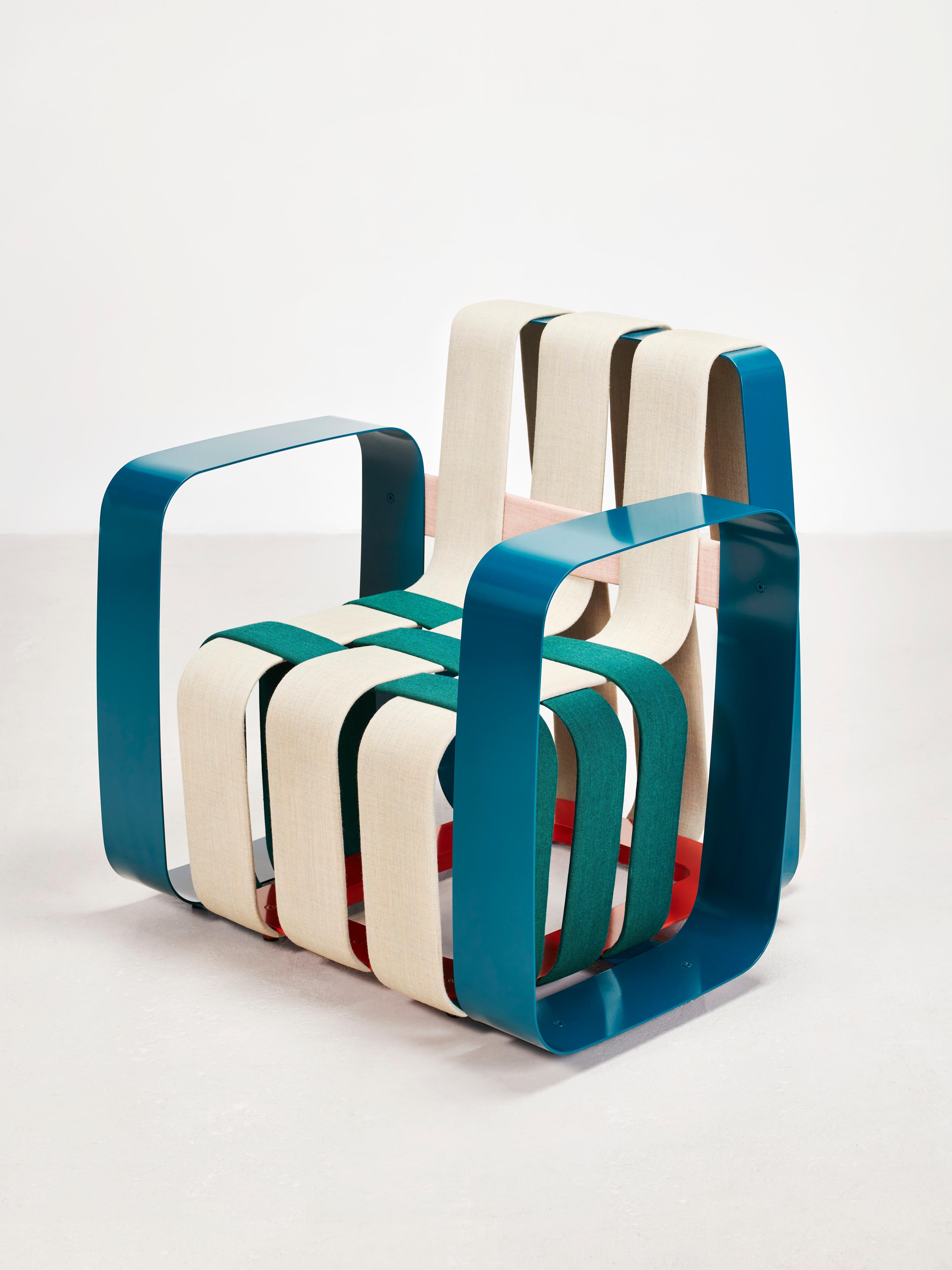 Woven Armchair With Armrests by Max Lipsey
Dimensions: D 86 x W 95 x H 90 cm.
Materials: Steel, Kvadrat canvas, and fabric.

Custom with Kvadrat Canvas and RAL colors. Custom lengths in 20cm increments. Please contact us.

The Woven Chair is an