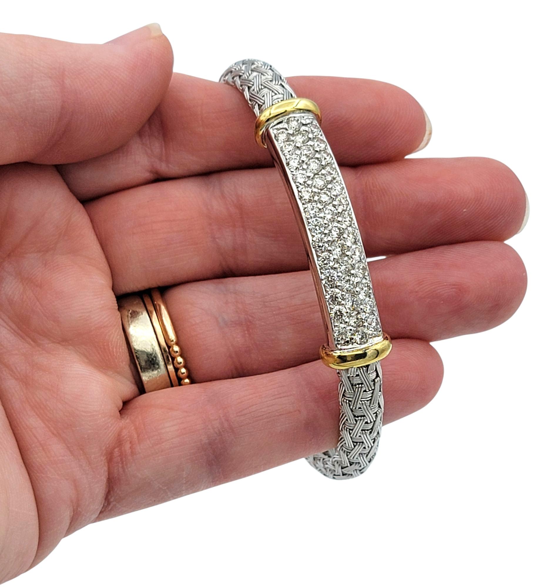 Woven Bangle Bracelet with Pavé Diamond Bar in Two Tone 18 Karat Gold For Sale 5