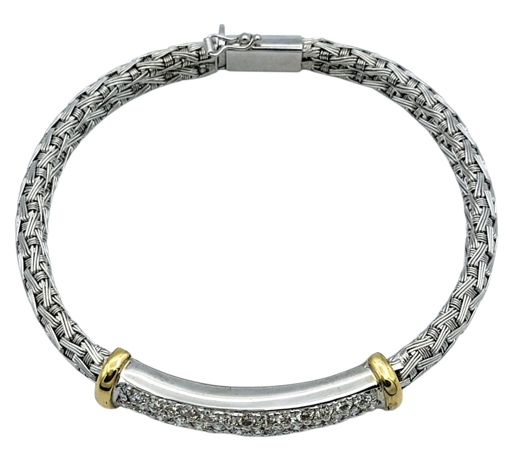 Contemporary Woven Bangle Bracelet with Pavé Diamond Bar in Two Tone 18 Karat Gold For Sale