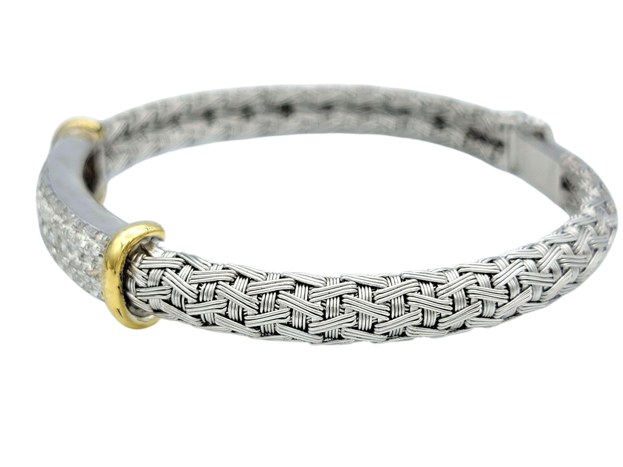 Round Cut Woven Bangle Bracelet with Pavé Diamond Bar in Two Tone 18 Karat Gold For Sale