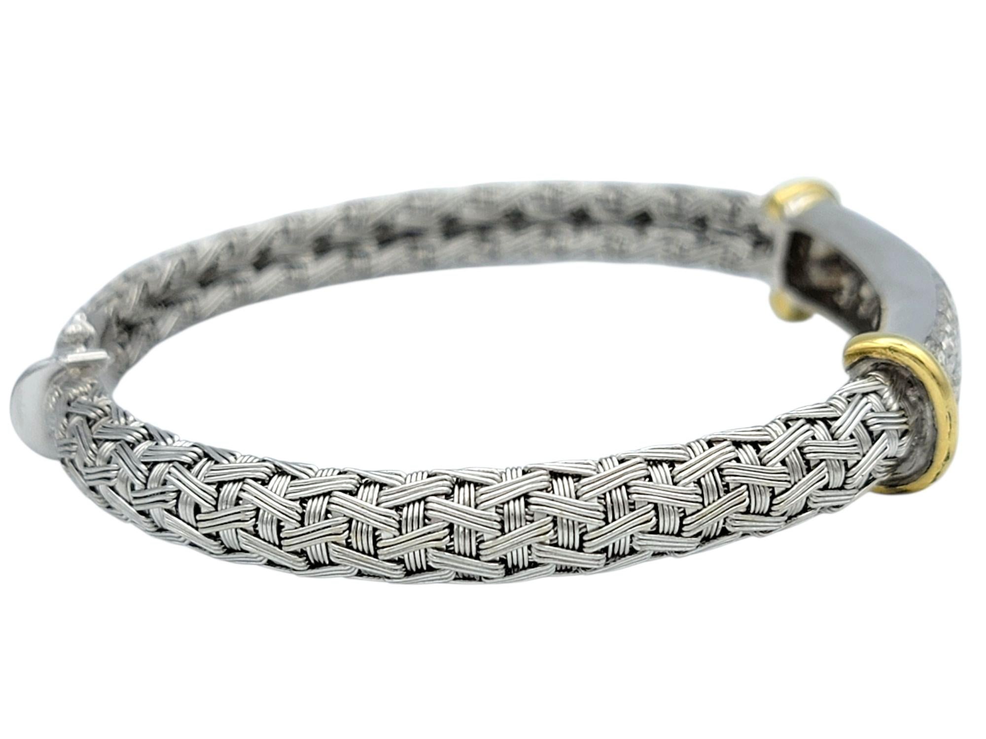 Woven Bangle Bracelet with Pavé Diamond Bar in Two Tone 18 Karat Gold In Good Condition For Sale In Scottsdale, AZ