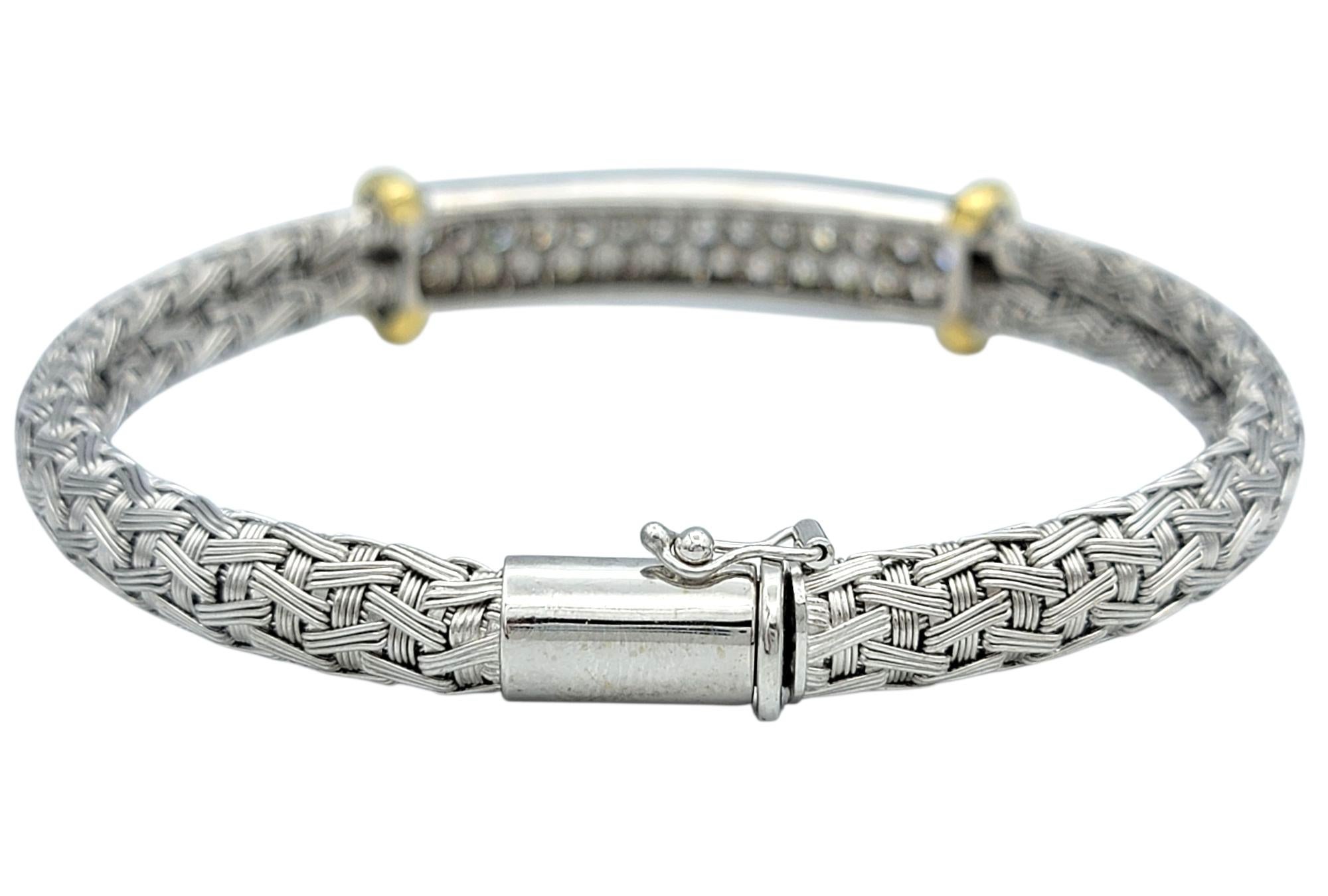 Women's Woven Bangle Bracelet with Pavé Diamond Bar in Two Tone 18 Karat Gold For Sale