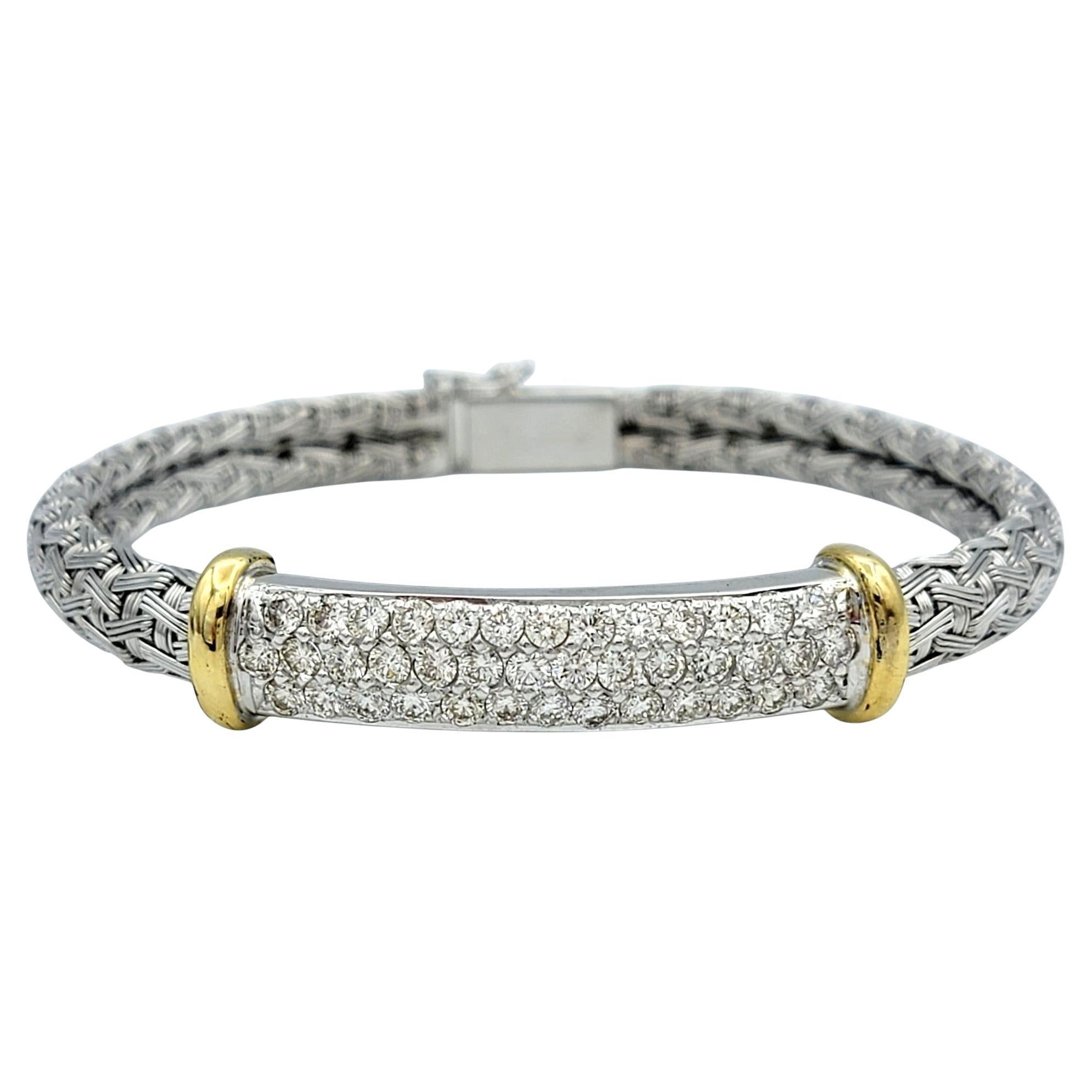 Woven Bangle Bracelet with Pavé Diamond Bar in Two Tone 18 Karat Gold