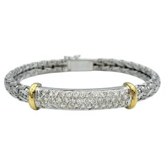 Woven Bangle Bracelet with Pavé Diamond Bar in Two Tone 18 Karat Gold