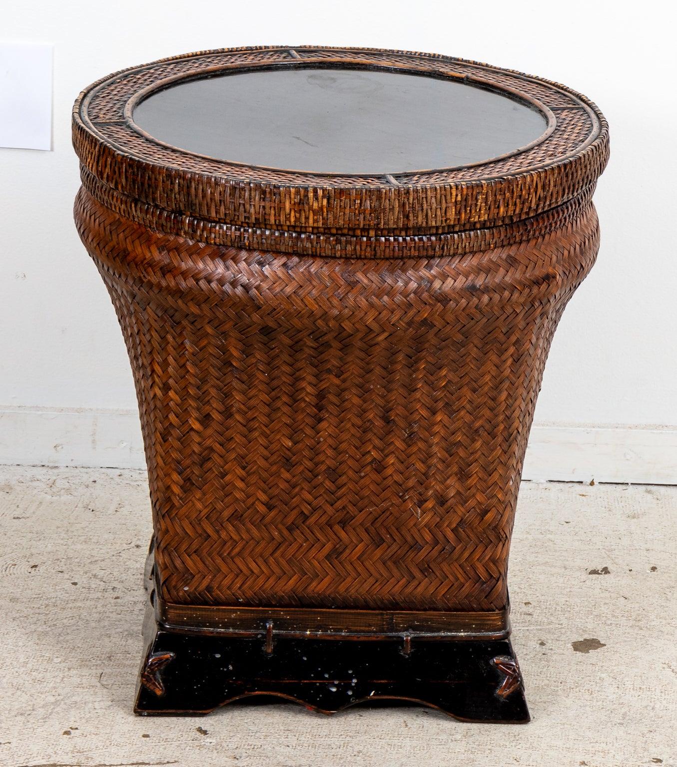 Lacquered Woven Basket Side Table For Sale