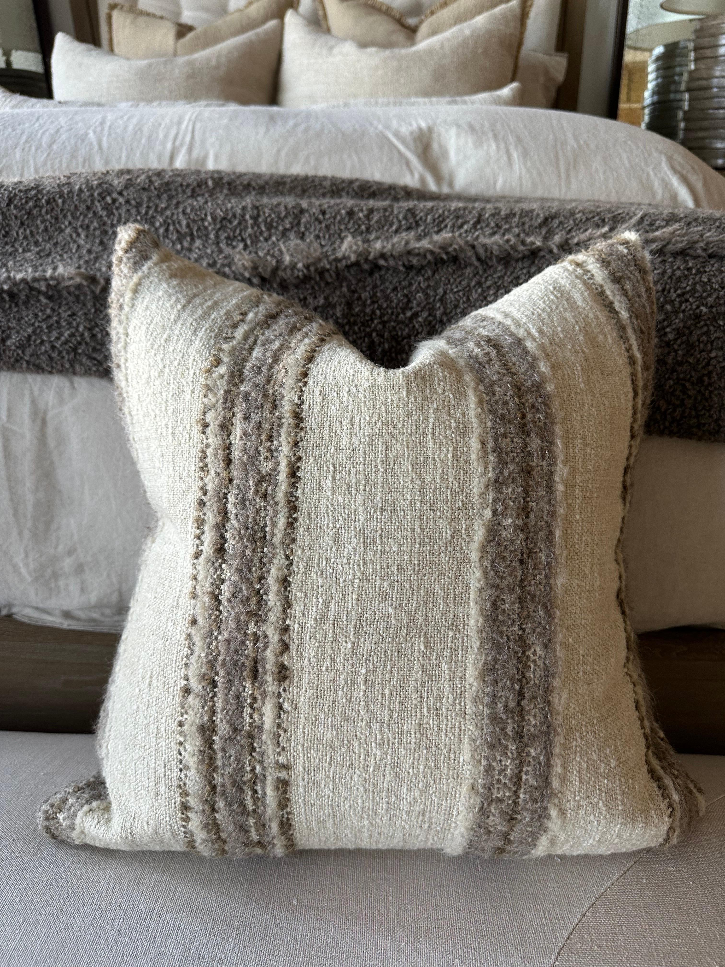 Woven Belgian Linen and Wool Stripe Accent Pillow with Down Insert 3
