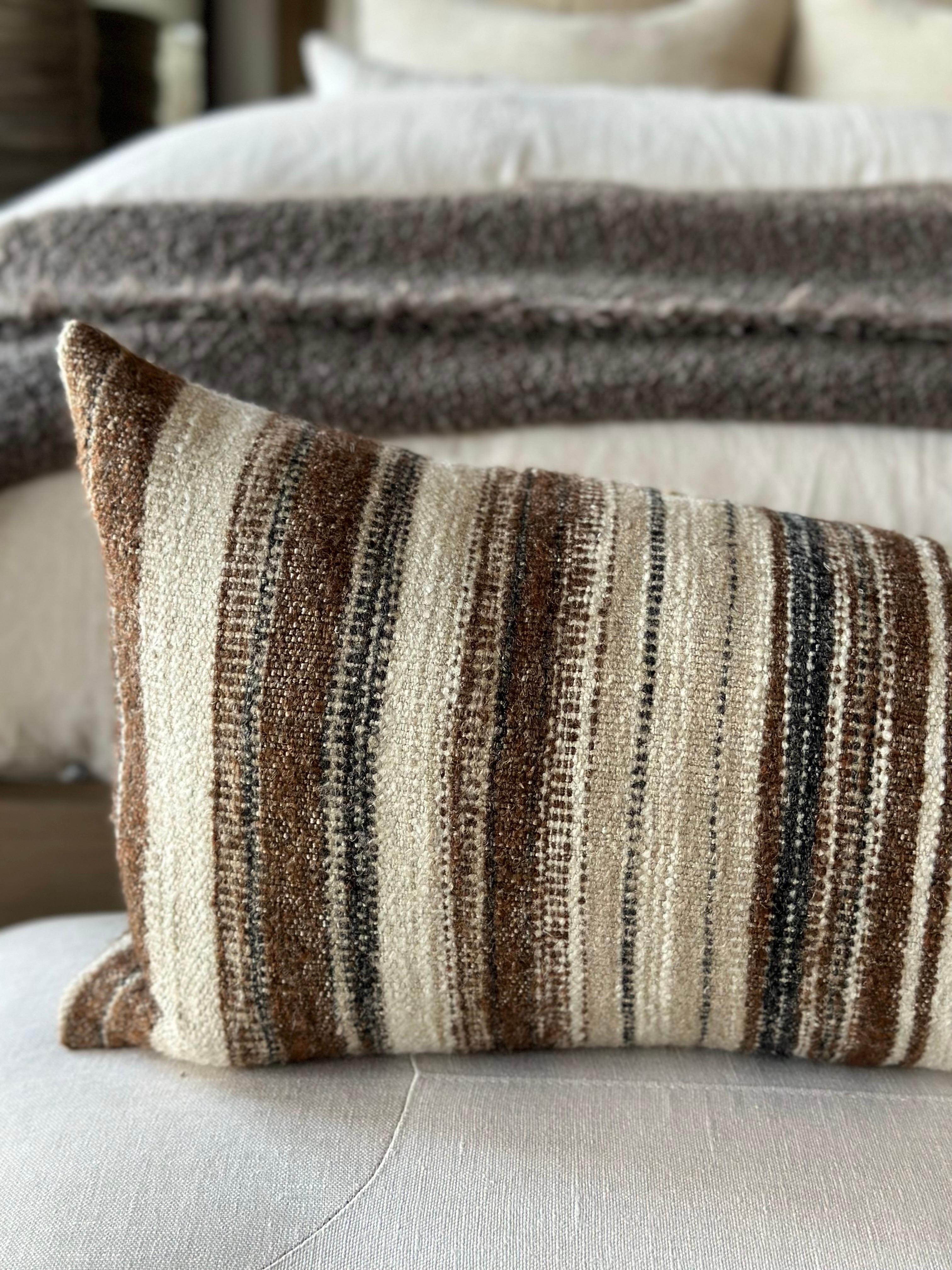 American Woven Belgian Linen and Wool Stripe Lumbar Pillow with Down Insert For Sale