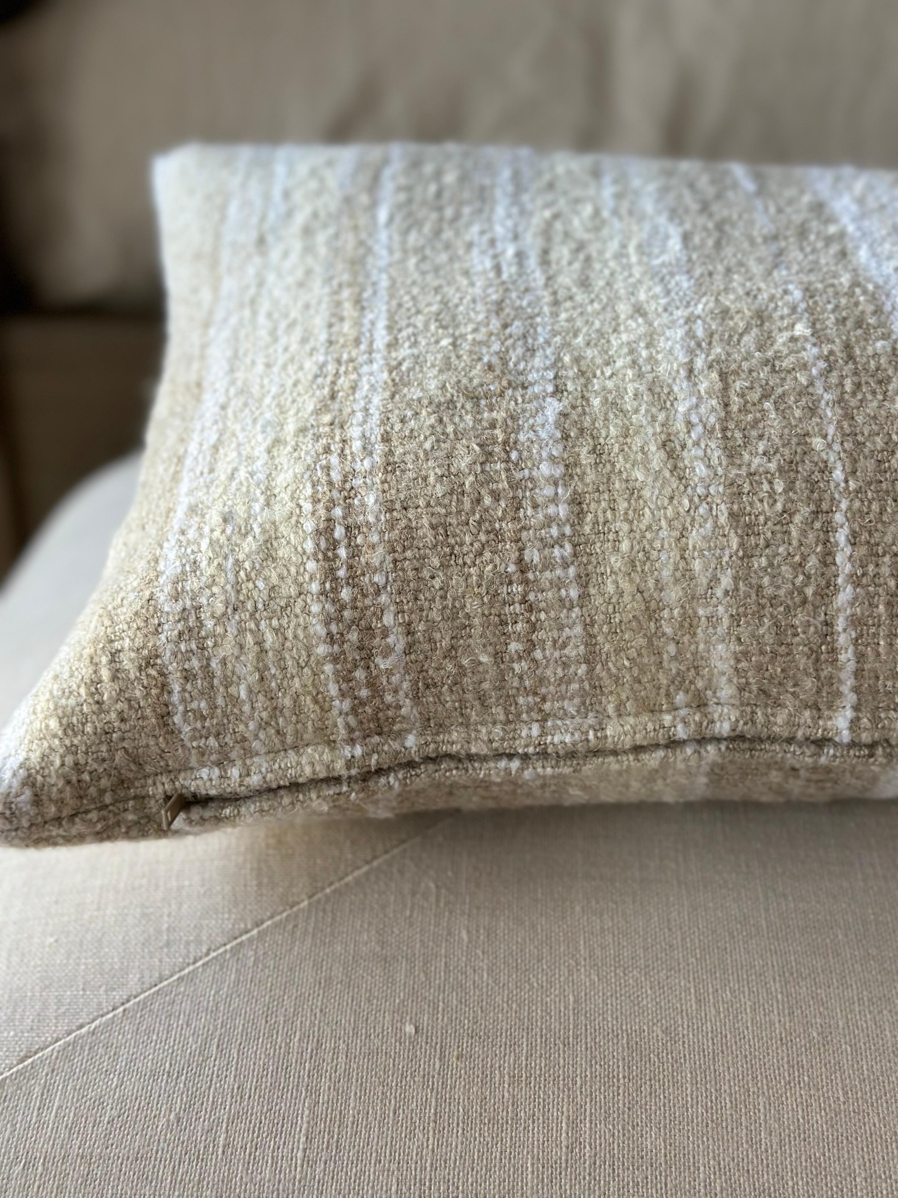 Contemporary Woven Belgian Linen and Wool Stripe Lumbar Pillow with Down Insert For Sale