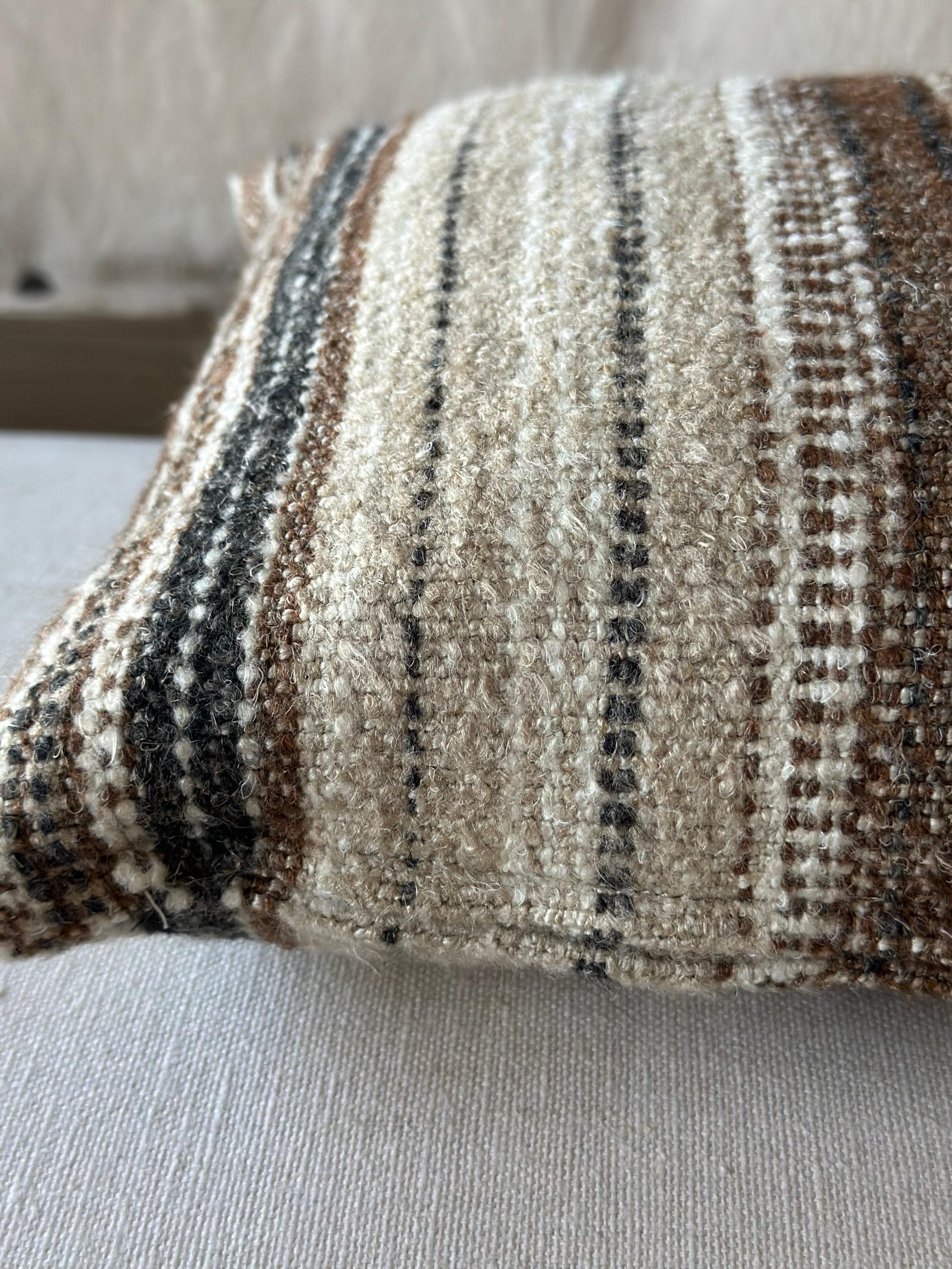 Contemporary Woven Belgian Linen and Wool Stripe Lumbar Pillow with Down Insert For Sale
