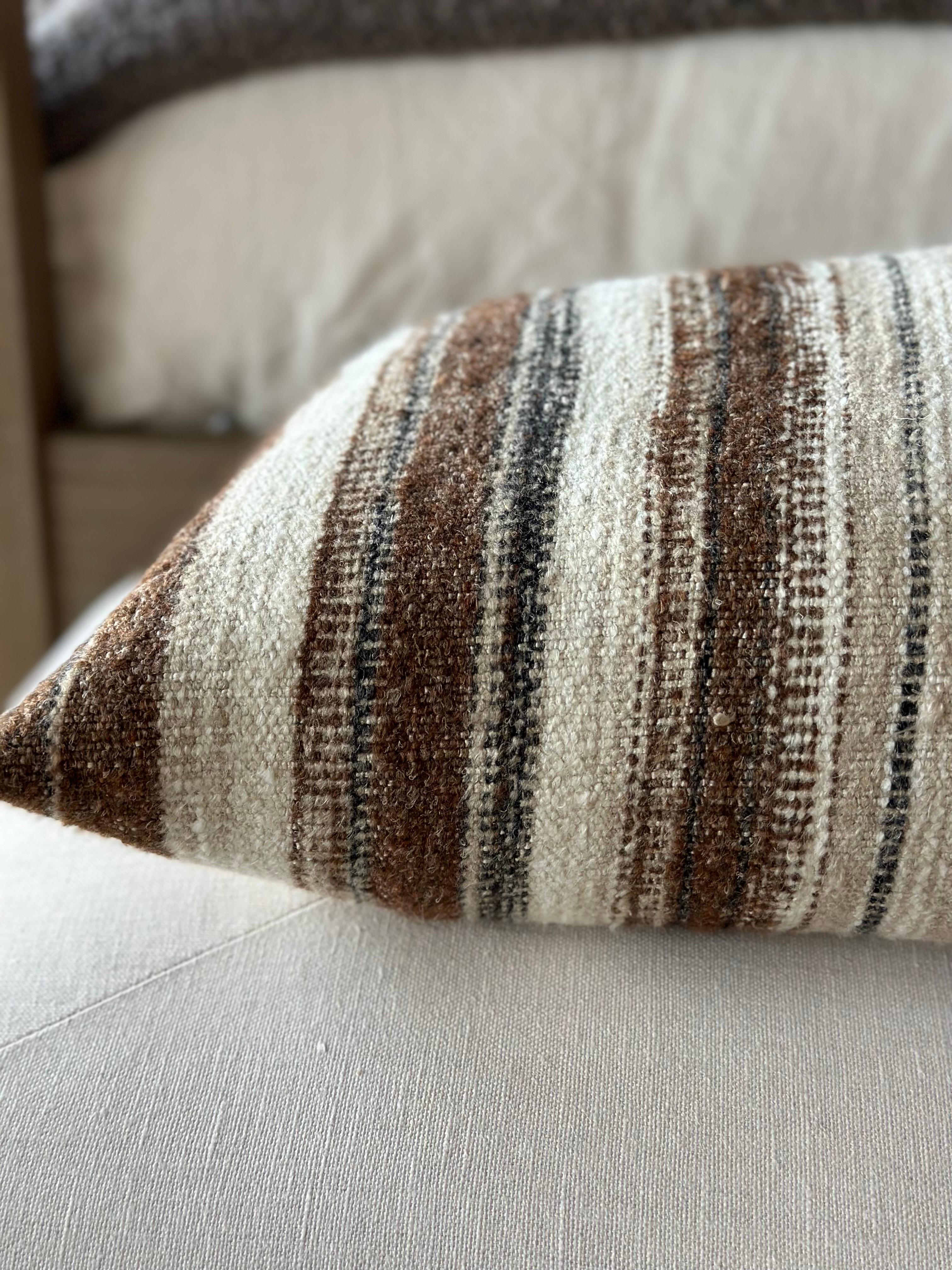 Woven Belgian Linen and Wool Stripe Lumbar Pillow with Down Insert For Sale 1