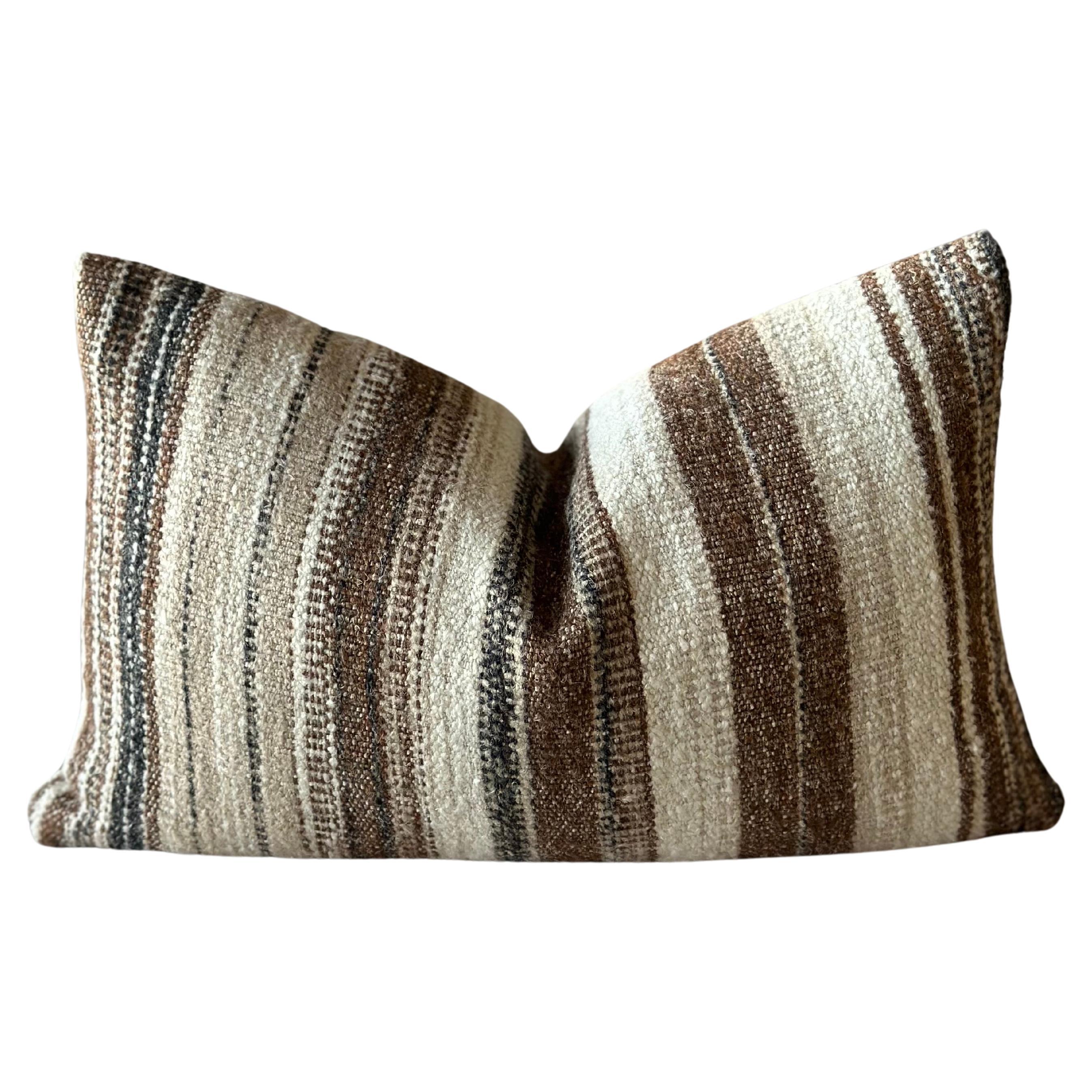 Woven Belgian Linen and Wool Stripe Lumbar Pillow with Down Insert For Sale