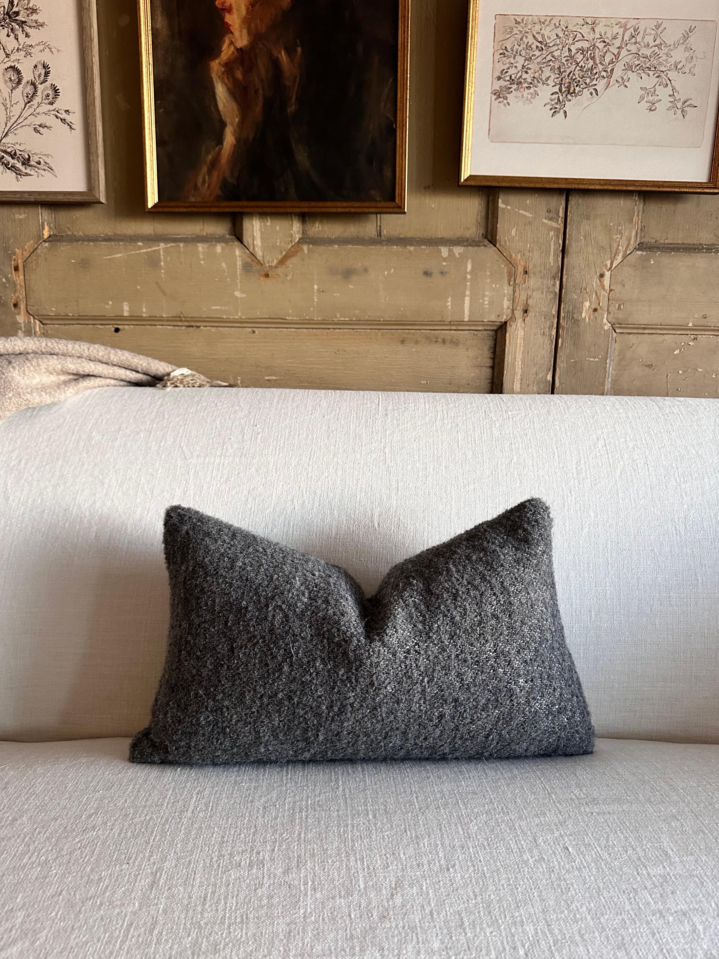 Belgian Woven Belgium Wool and Linen Lumbar Pillow in Smoke Boucle Fabric For Sale