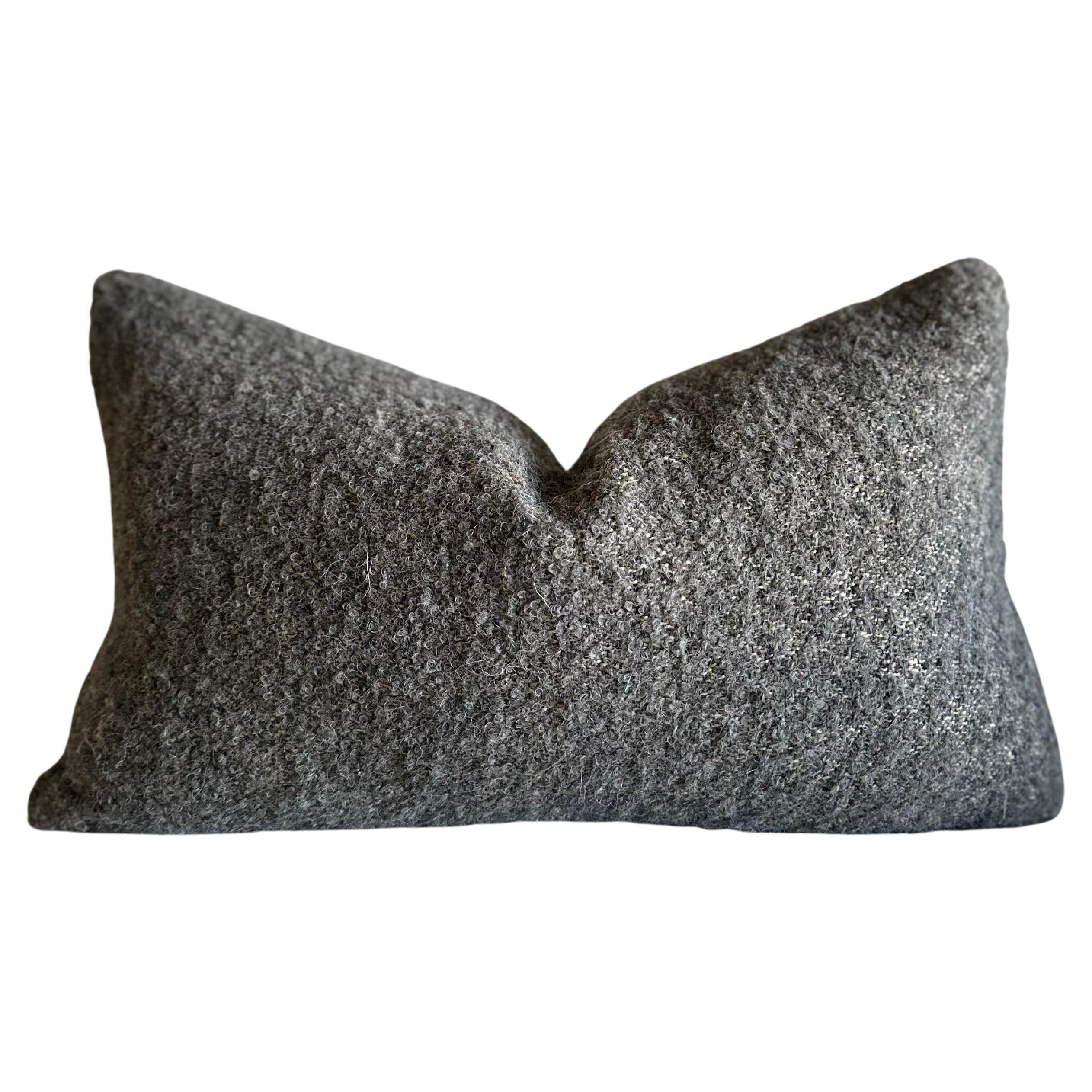 Woven Belgium Wool and Linen Lumbar Pillow in Smoke Boucle Fabric For Sale