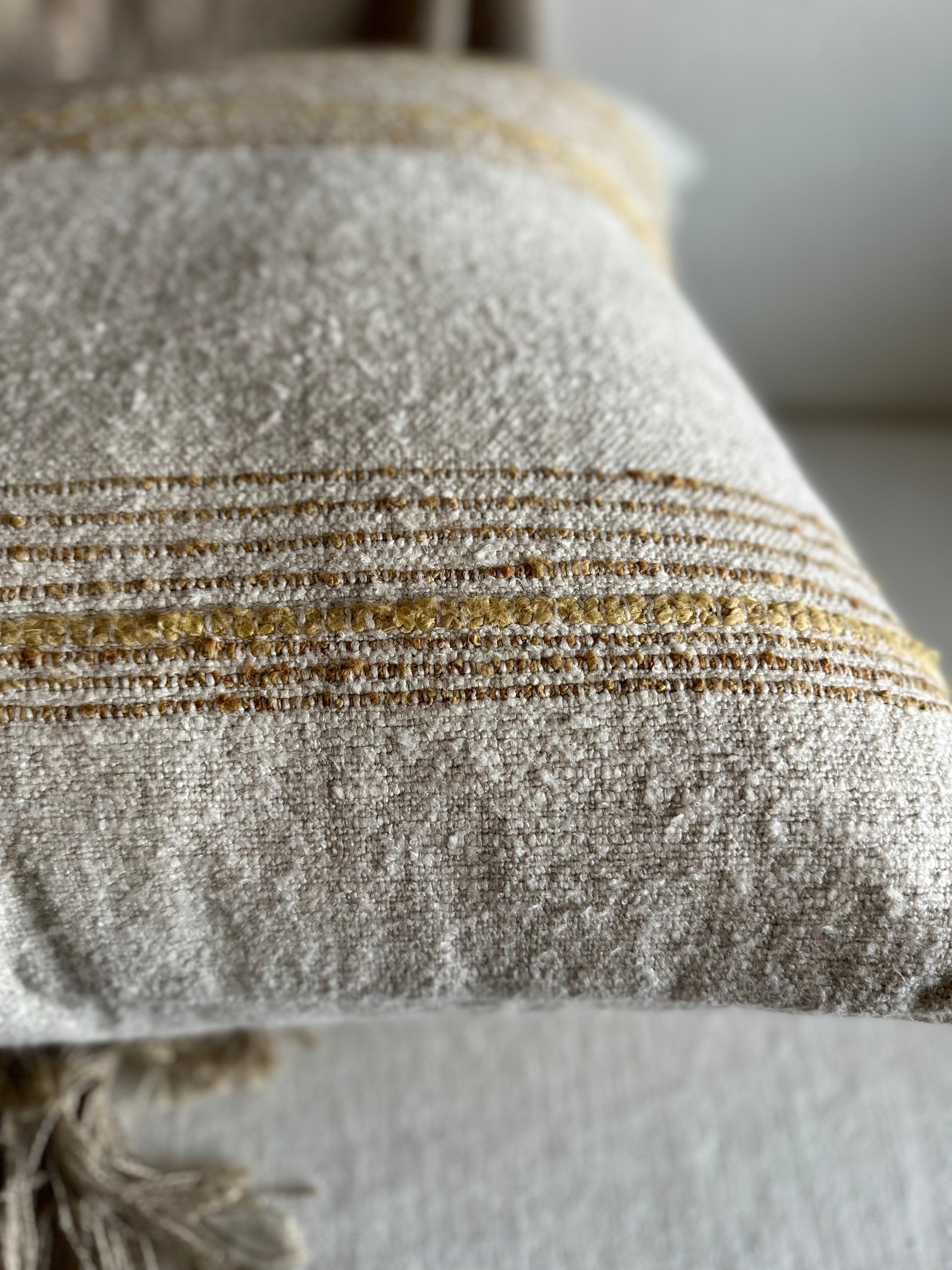 Organic Modern Woven Belgium Wool and Nubby Linen Pillow in Natural Tonal Stripe For Sale