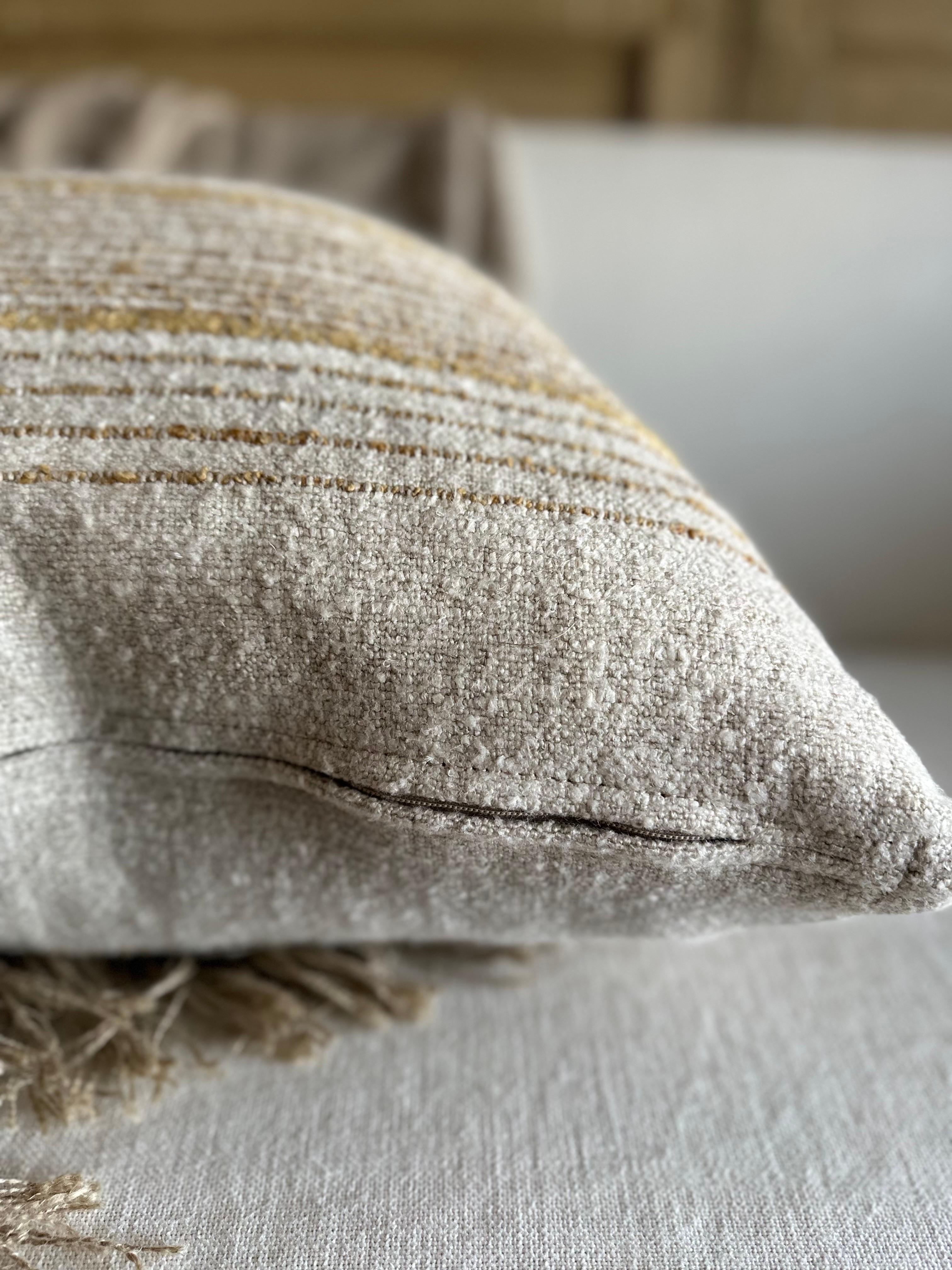 Belgian Woven Belgium Wool and Nubby Linen Pillow in Natural Tonal Stripe For Sale
