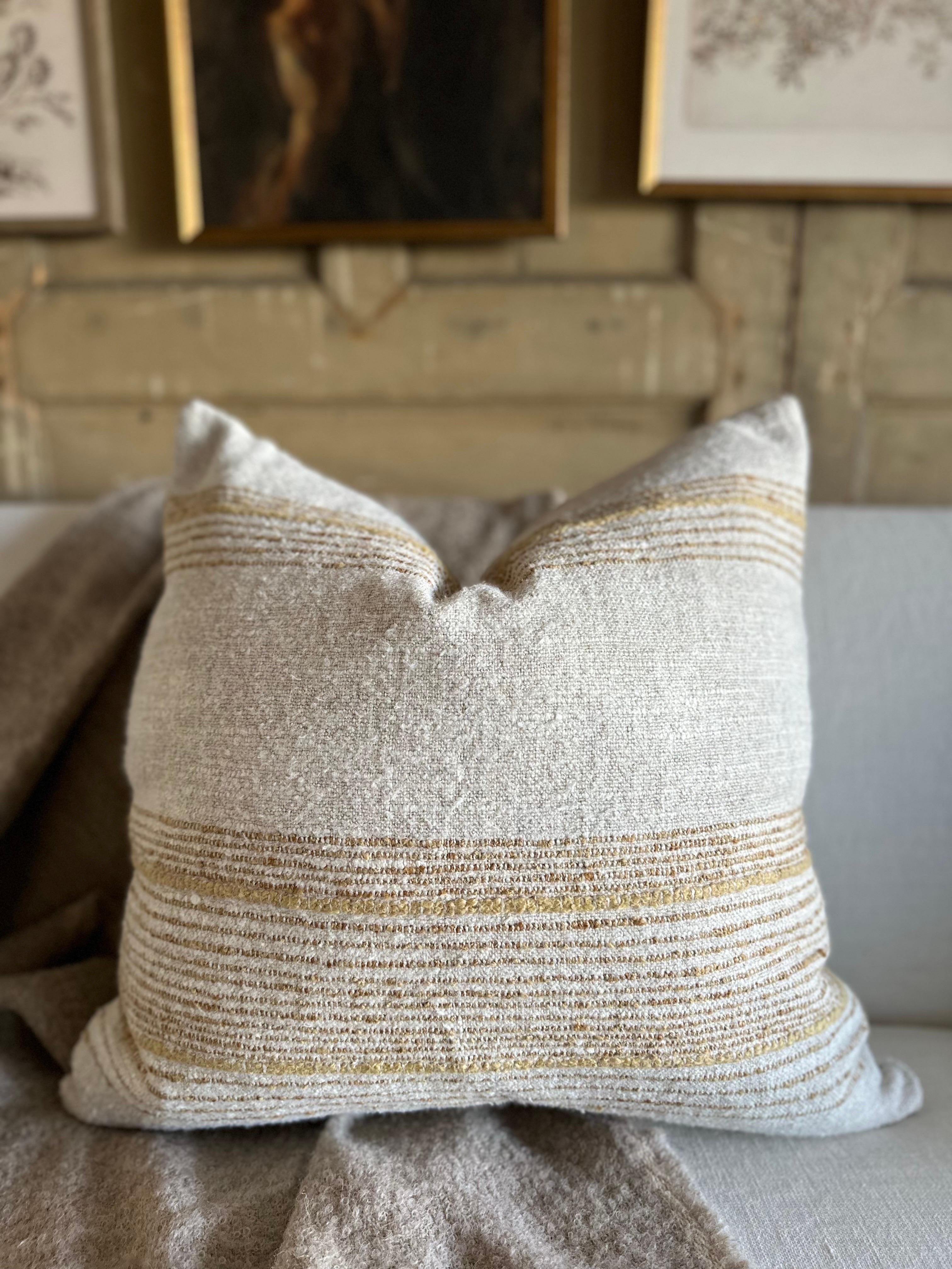 Contemporary Woven Belgium Wool and Nubby Linen Pillow in Natural Tonal Stripe For Sale