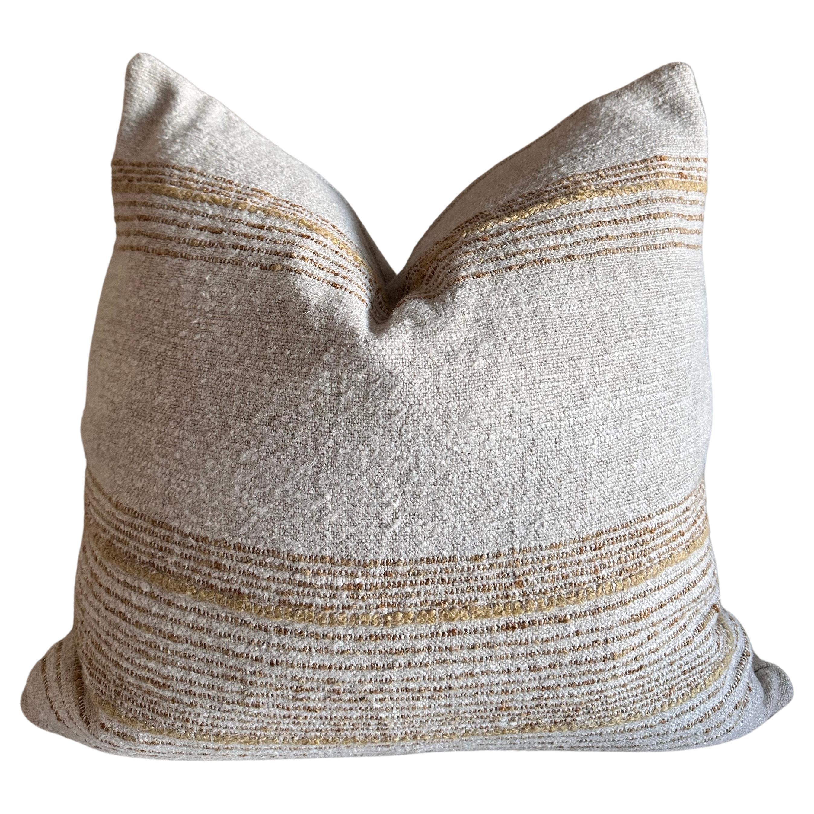Woven Belgium Wool and Nubby Linen Pillow in Natural Tonal Stripe For Sale