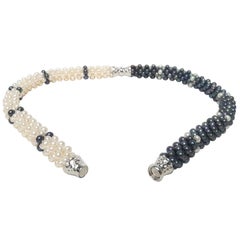 Woven Black and White Pearl Rope Necklace with Silver Magnetic Clasp