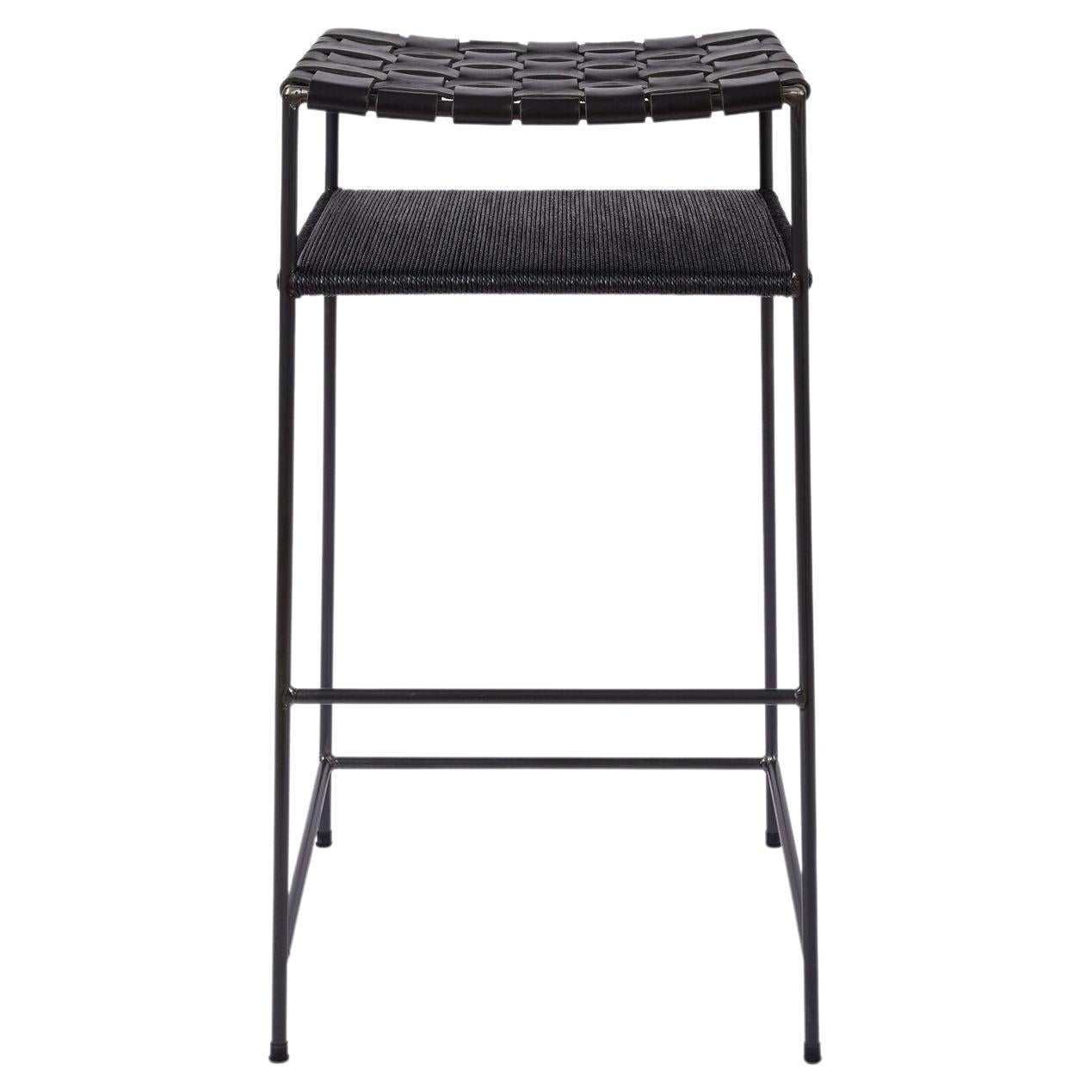 Tabouret de bar en cuir noir tressé et corde danoise