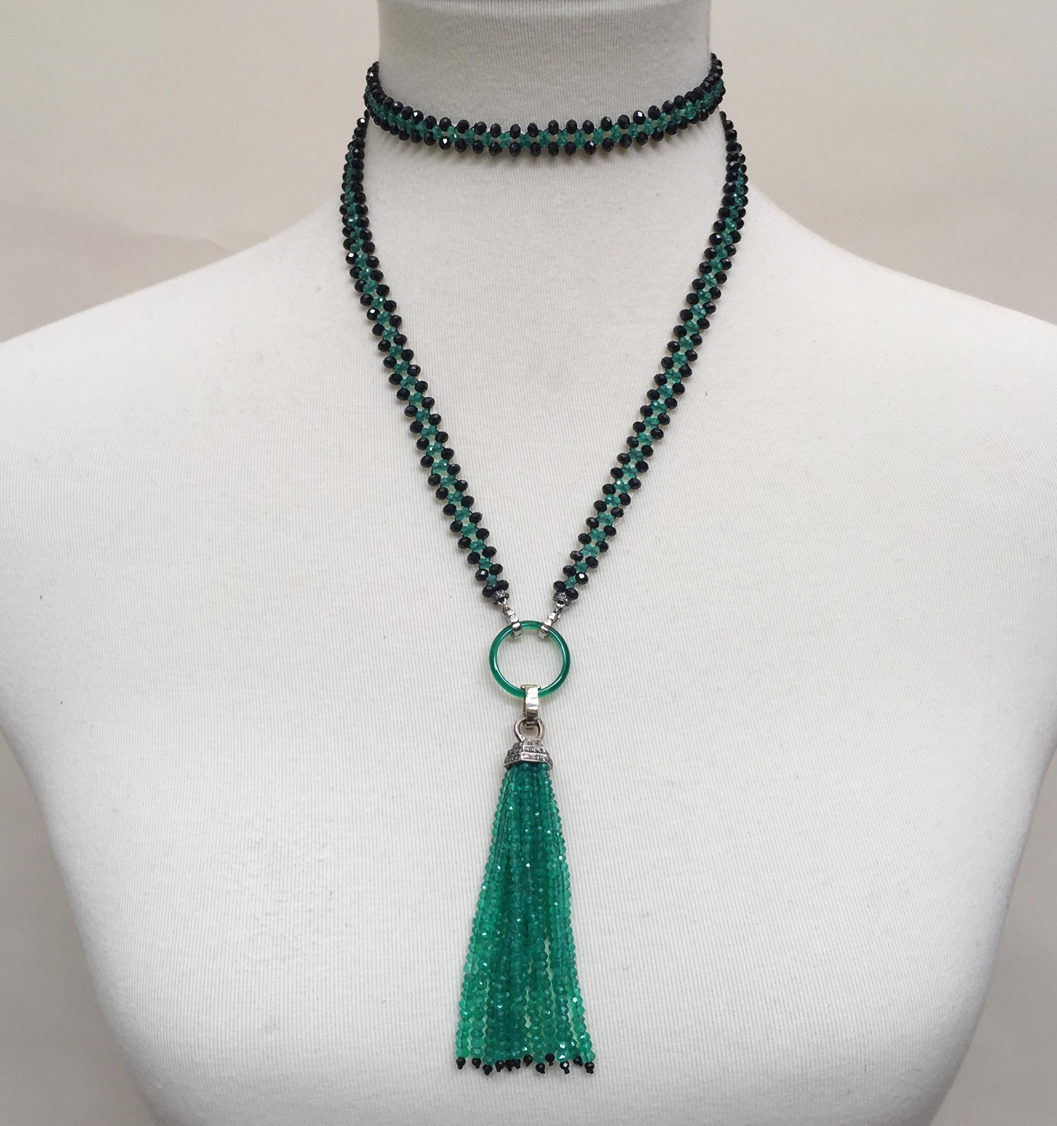 This black spinel and green onyx sautoir  with diamond and green onyx tassel is a striking and beautiful piece. 
At 33.5 inches long it has a variety of wearable options, making it easy to match with any style. The removable tassel 3.5 inches and is