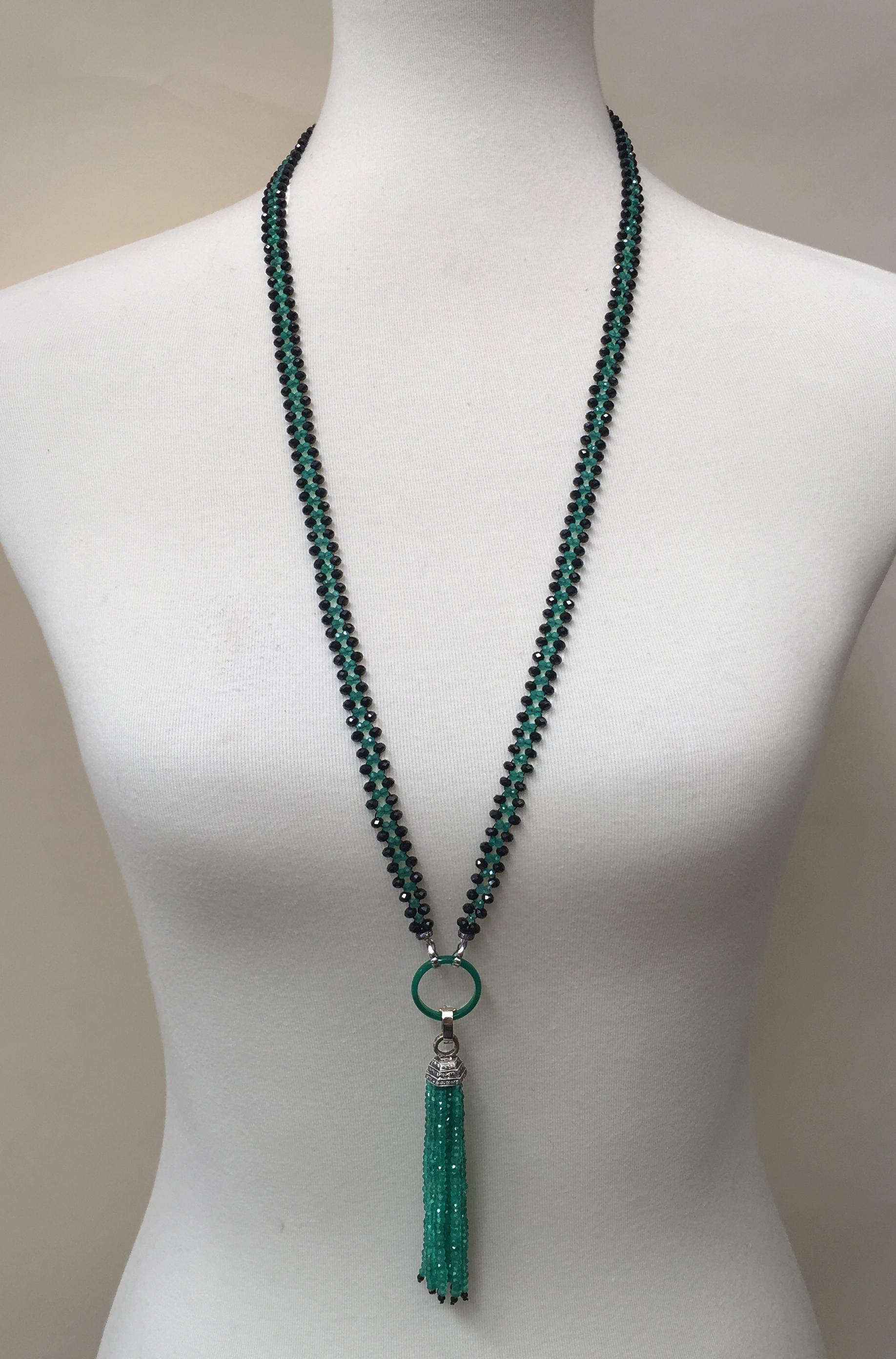 Marina J Woven Black Spinel and Green Onyx sautoir with Diamond and Onyx Tassel  In New Condition In Los Angeles, CA